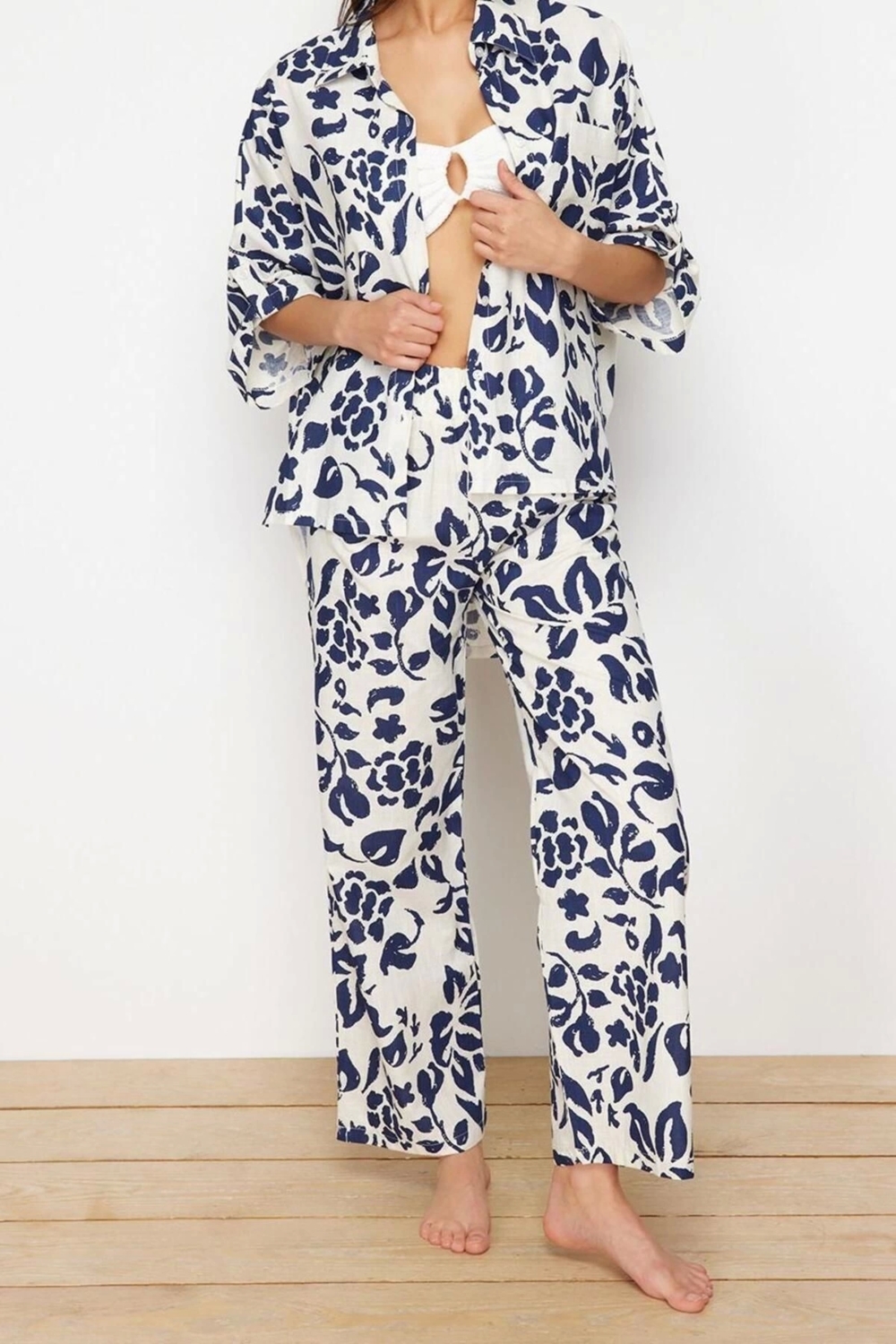 Moda Dokuma Çiçekli Gömlek Yaka Plaj Dokuma Kimono Pantolon Takım
