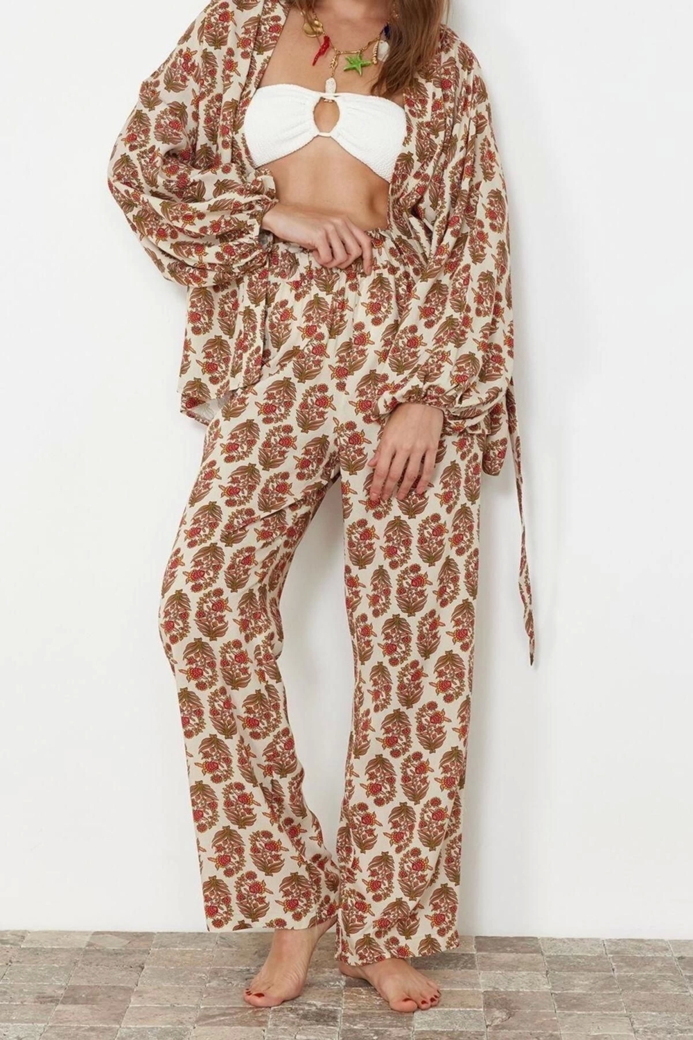 Moda Dokuma Düz Kruvaze Balon Kol Plaj Kuşaklı Dokuma Kimono Pantolon Takım