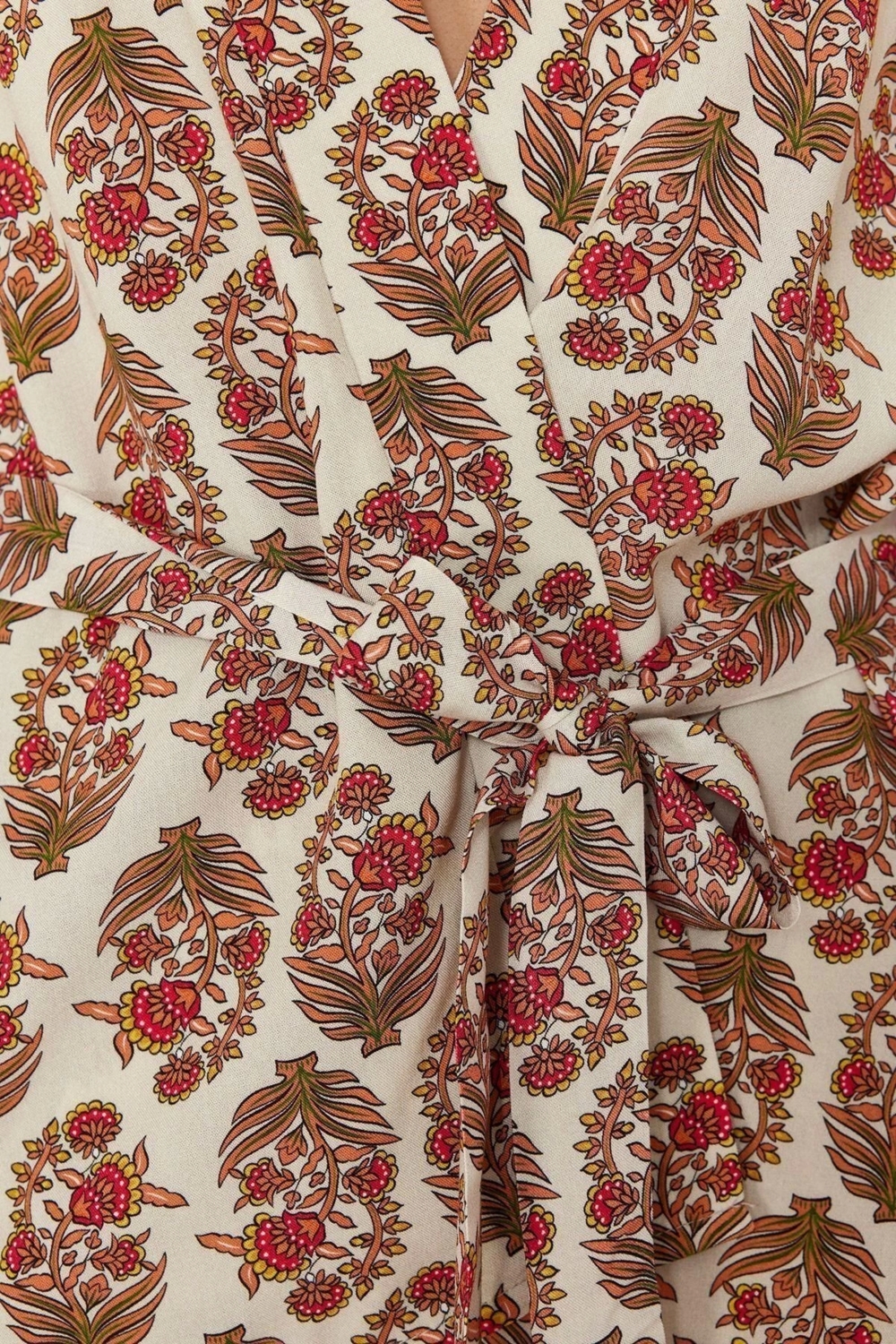 Moda Dokuma Düz Kruvaze Balon Kol Plaj Kuşaklı Dokuma Kimono Pantolon Takım