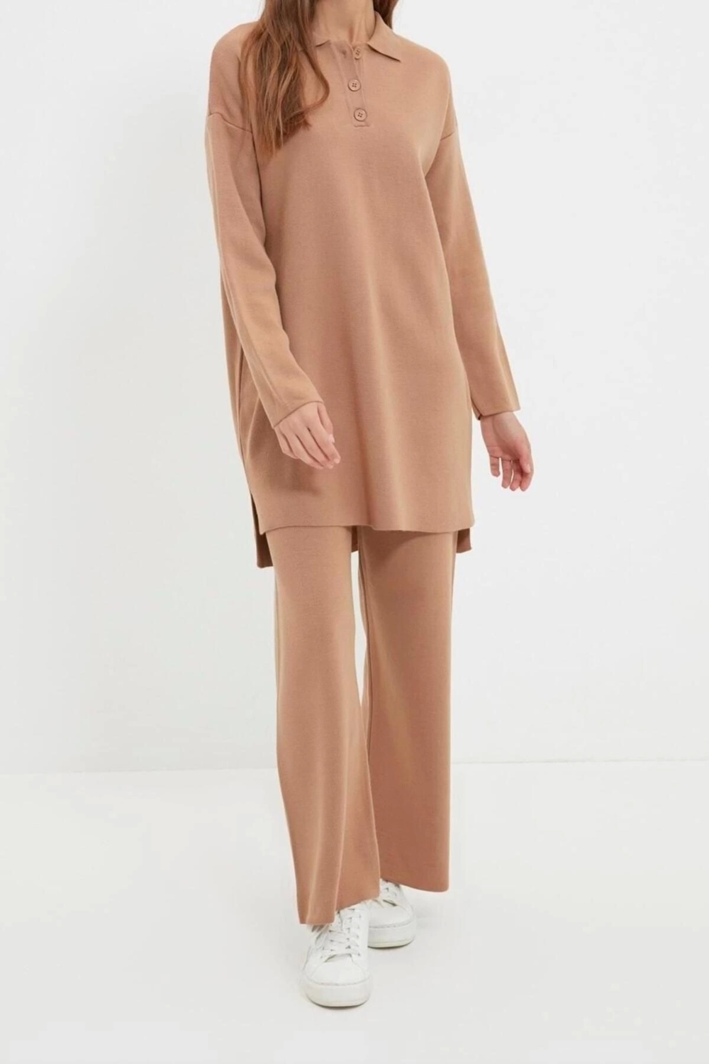 Moda Triko Yüksek Bel Düz Polo Yaka Düşük Kol Casual Günlük Polo Yaka Tunik-Pantolon Triko Takım