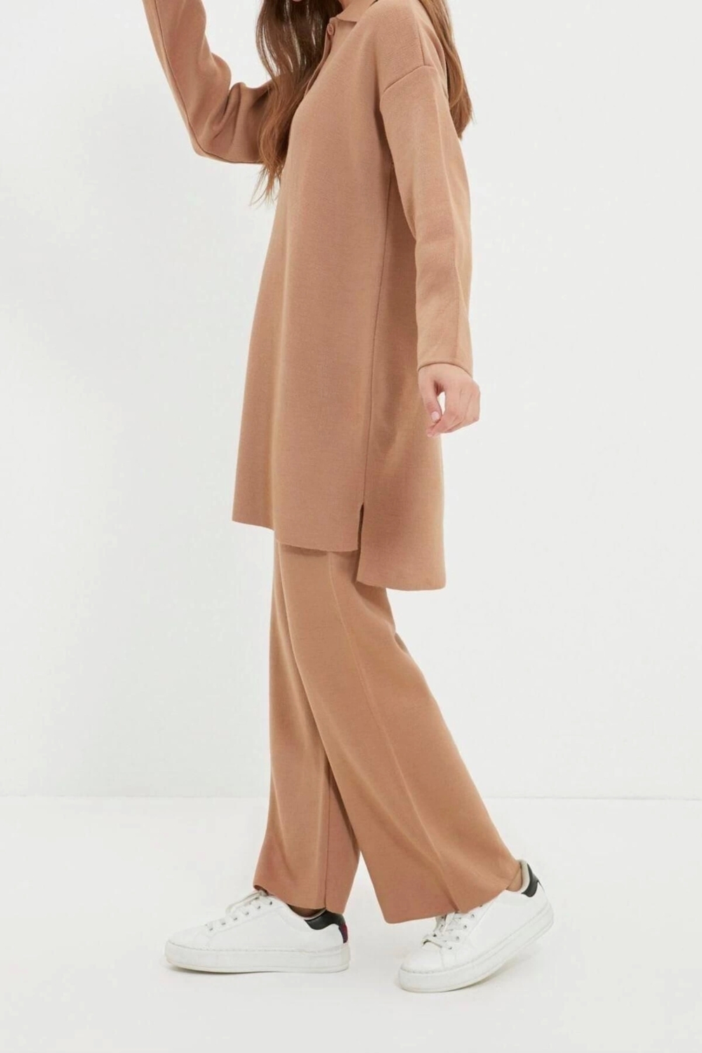 Moda Triko Yüksek Bel Düz Polo Yaka Düşük Kol Casual Günlük Polo Yaka Tunik-Pantolon Triko Takım