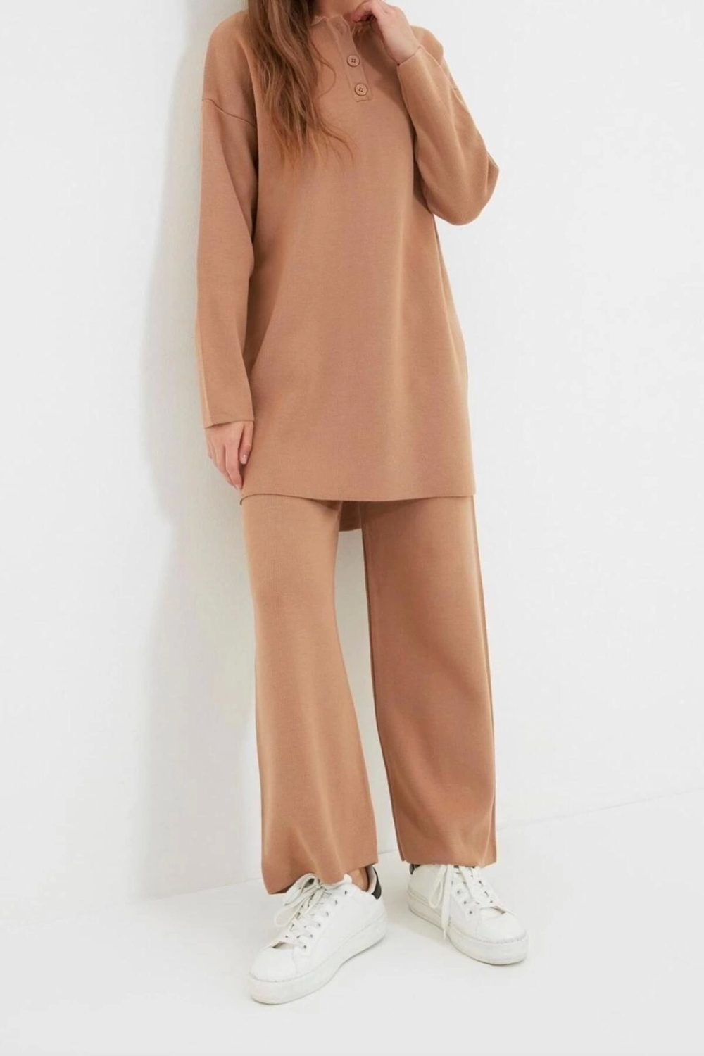 Moda Triko Yüksek Bel Düz Polo Yaka Düşük Kol Casual Günlük Polo Yaka Tunik-Pantolon Triko Takım