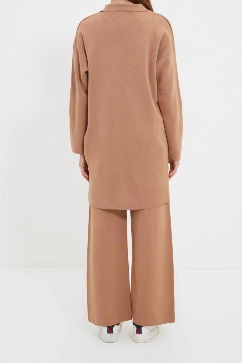 Moda Triko Yüksek Bel Düz Polo Yaka Düşük Kol Casual Günlük Polo Yaka Tunik-Pantolon Triko Takım