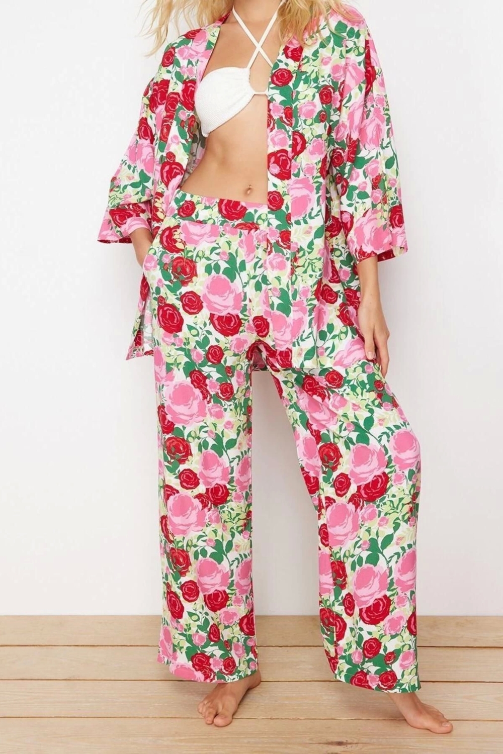 Moda Dokuma Şal Desen Kruvaze Plaj Dokuma Kimono Pantolon Takım