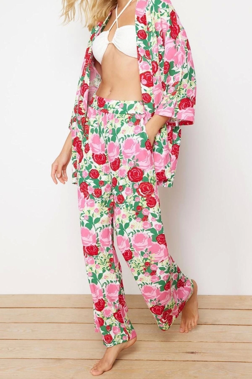 Moda Dokuma Şal Desen Kruvaze Plaj Dokuma Kimono Pantolon Takım