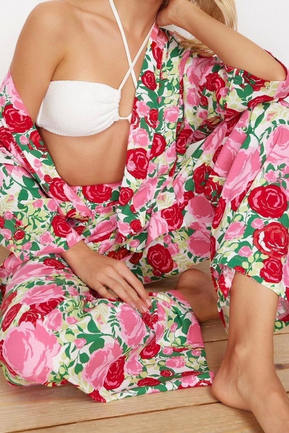 Moda Dokuma Şal Desen Kruvaze Plaj Dokuma Kimono Pantolon Takım