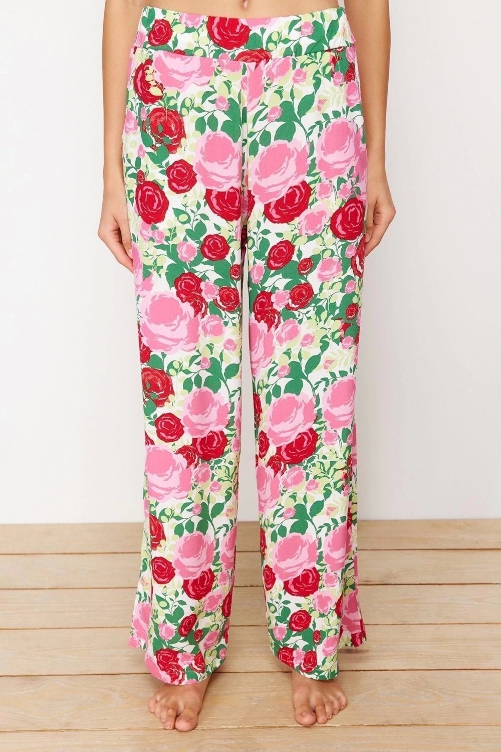 Moda Dokuma Şal Desen Kruvaze Plaj Dokuma Kimono Pantolon Takım
