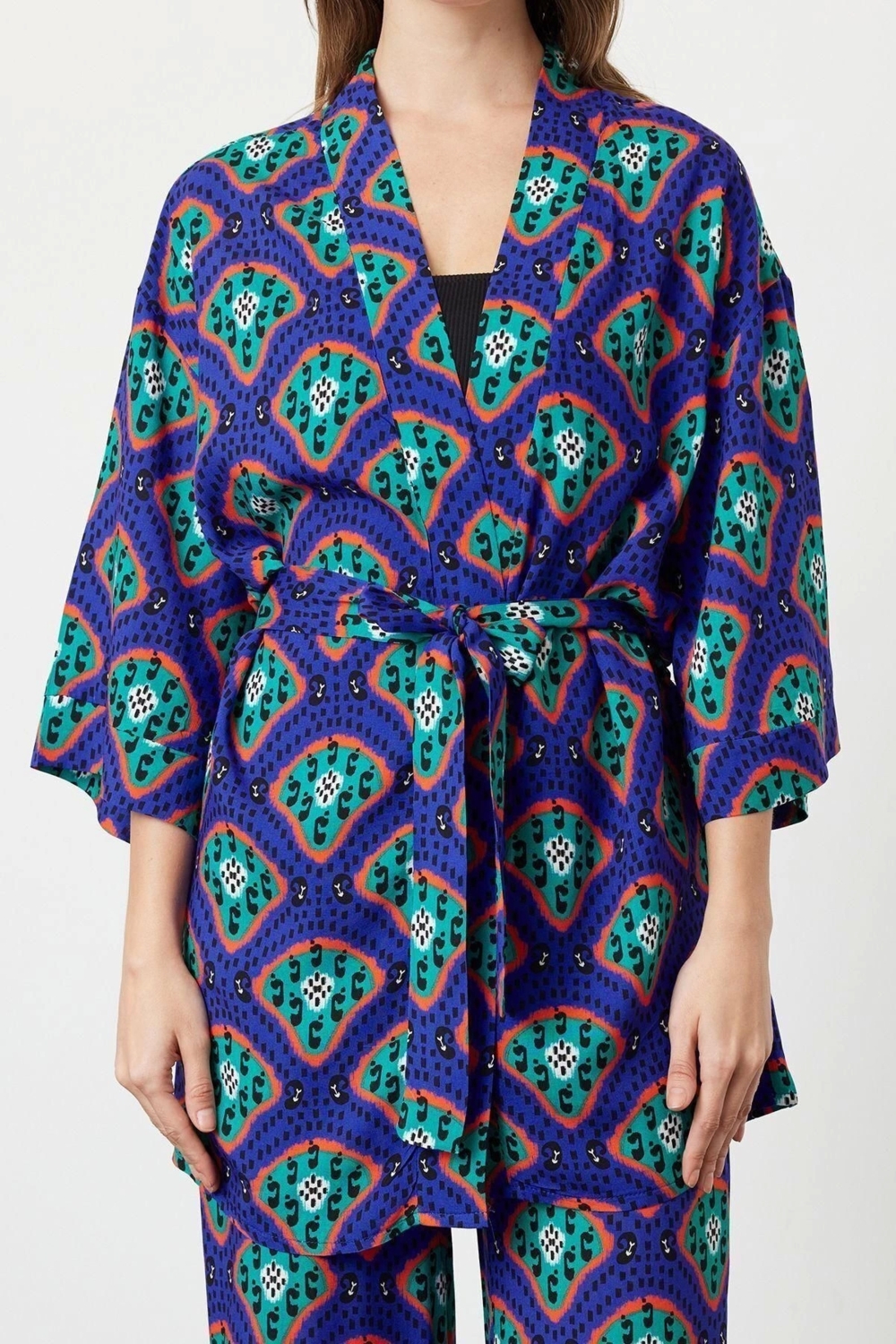 Moda Dokuma Düz Gömlek Yaka Plaj Etnik Desenli Kuşaklı Dokuma Kimono Pantolon Takım