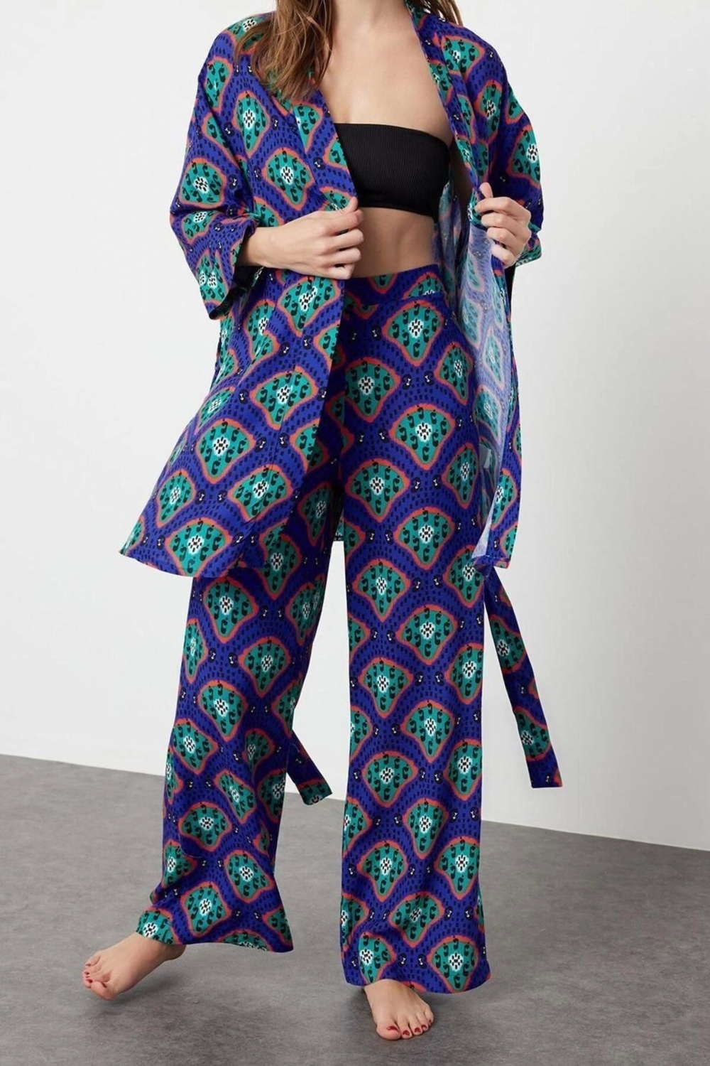 Moda Dokuma Düz Gömlek Yaka Plaj Etnik Desenli Kuşaklı Dokuma Kimono Pantolon Takım