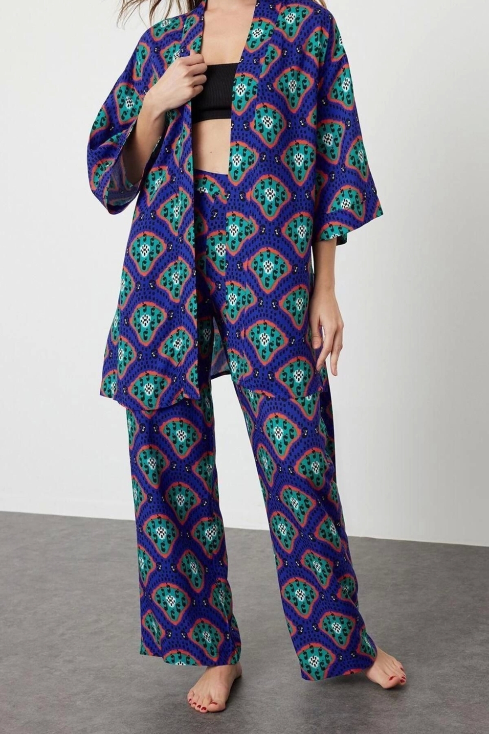 Moda Dokuma Düz Gömlek Yaka Plaj Etnik Desenli Kuşaklı Dokuma Kimono Pantolon Takım