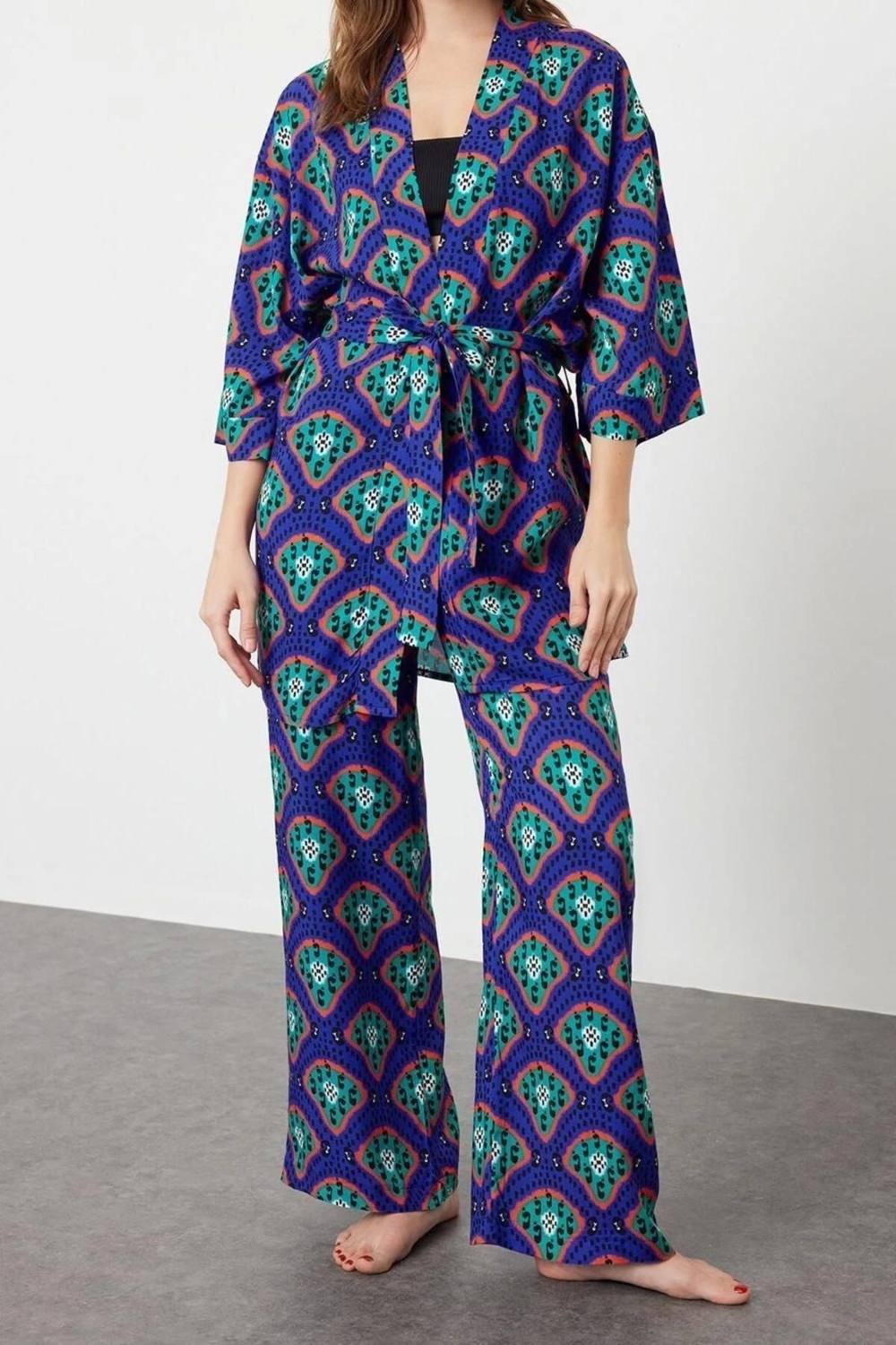 Moda Dokuma Düz Gömlek Yaka Plaj Etnik Desenli Kuşaklı Dokuma Kimono Pantolon Takım