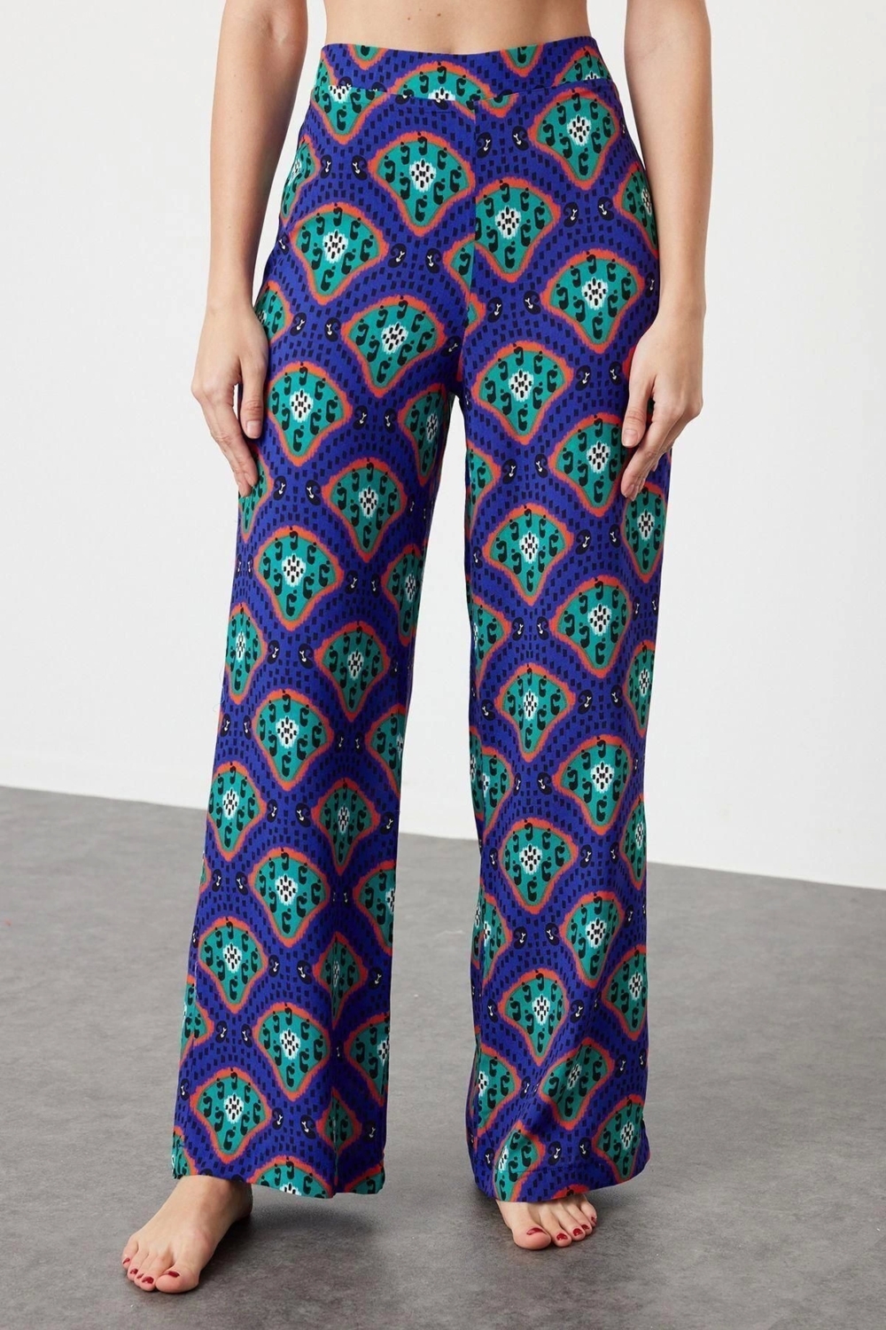 Moda Dokuma Düz Gömlek Yaka Plaj Etnik Desenli Kuşaklı Dokuma Kimono Pantolon Takım