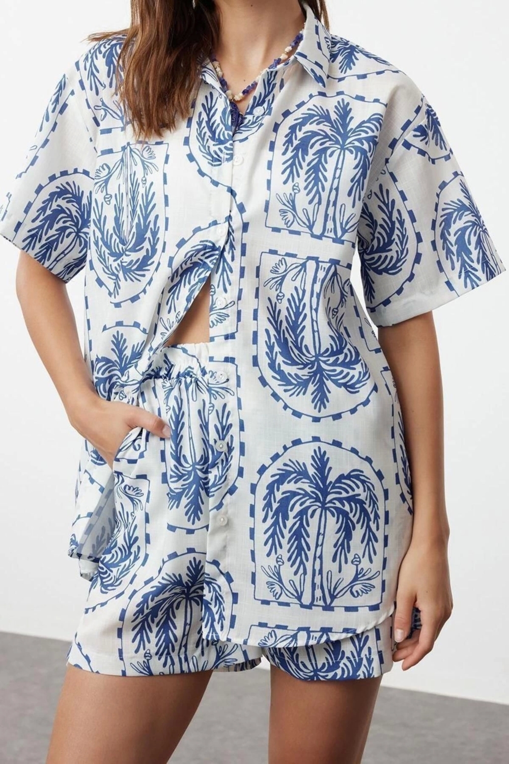 Moda Dokuma Etnik Gömlek Yaka Plaj Mavi-Etnik Dokuma 100% Polyester