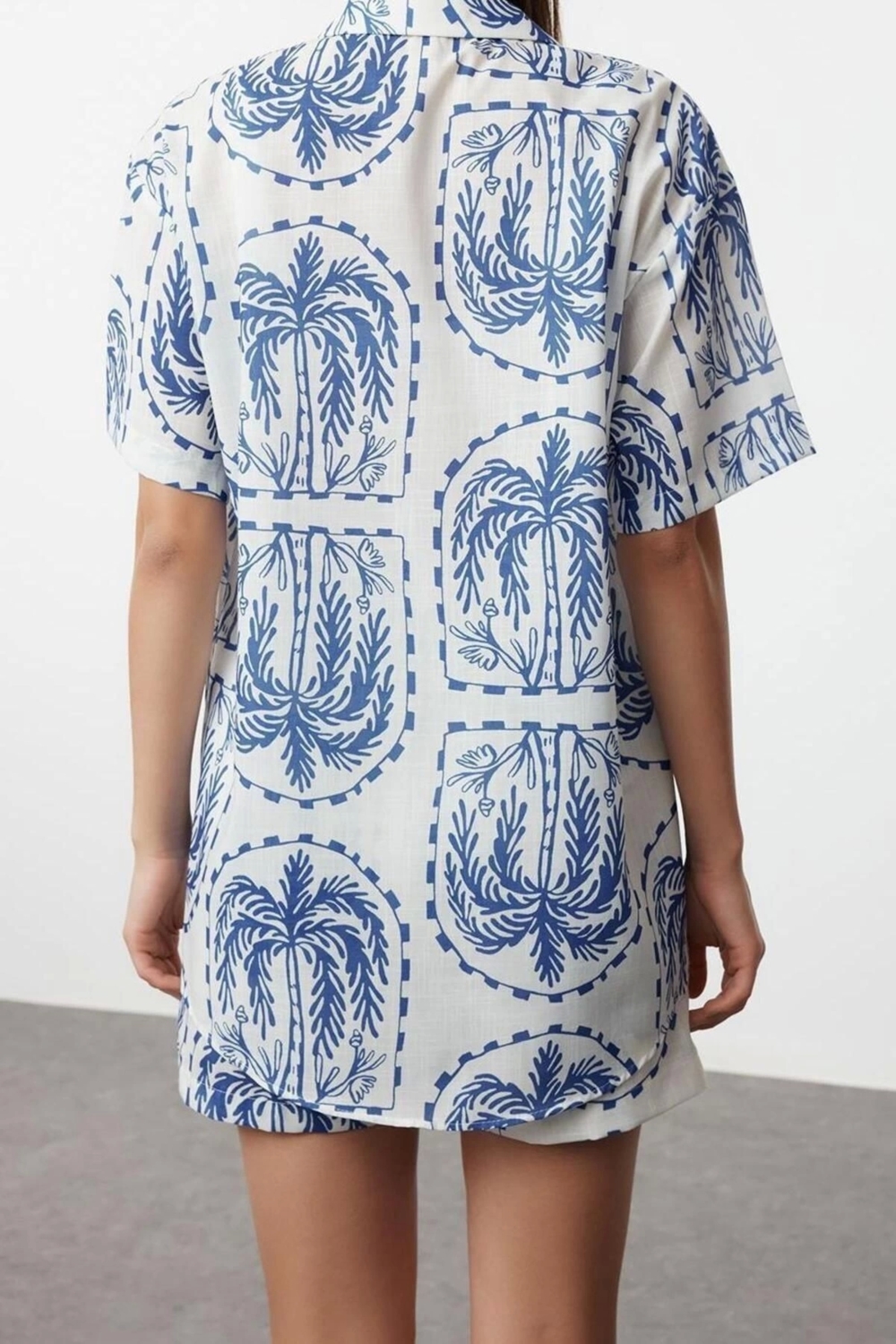 Moda Dokuma Etnik Gömlek Yaka Plaj Mavi-Etnik Dokuma 100% Polyester