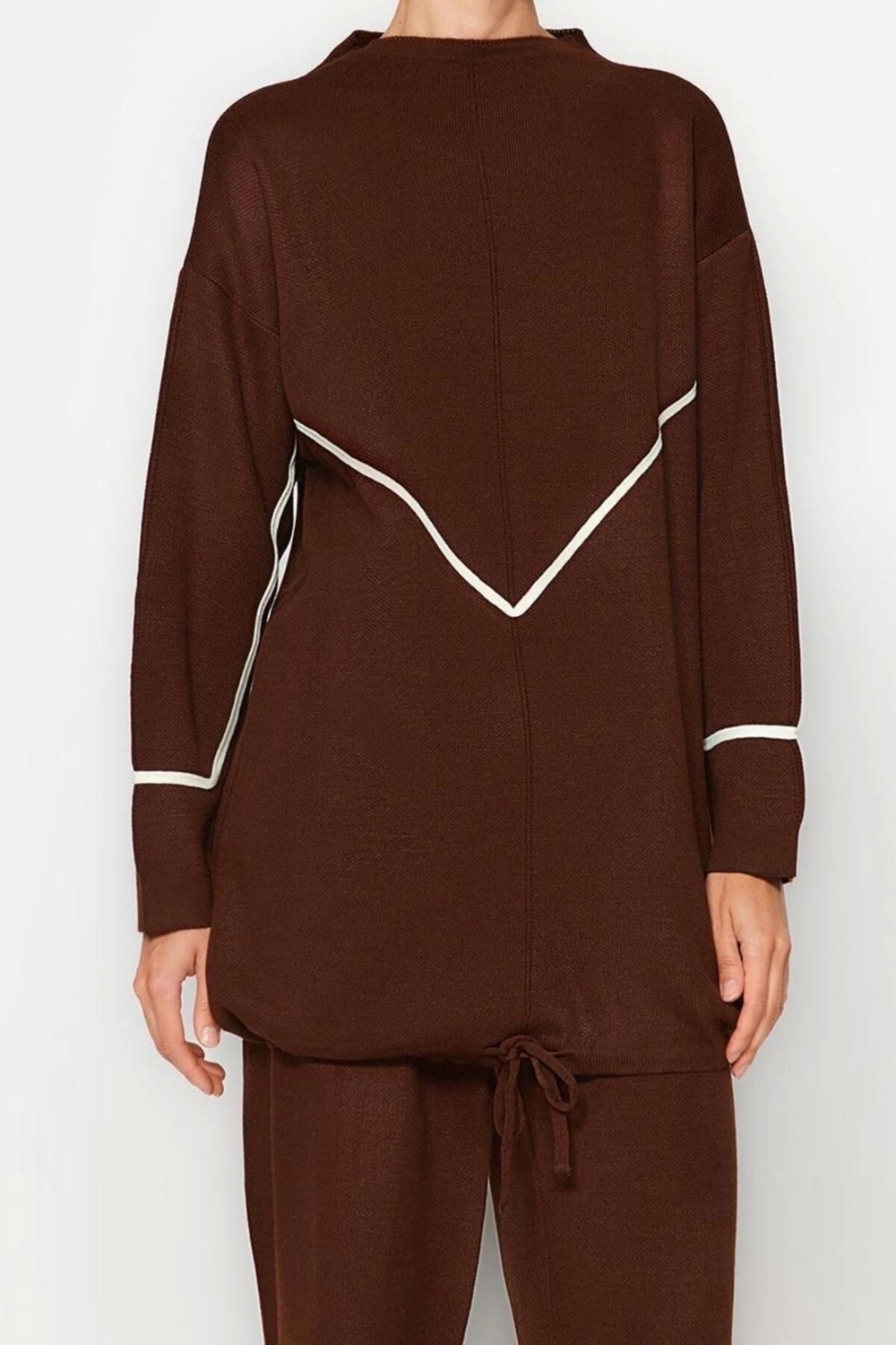 Moda Düz Dik Yaka Düşük Kol Casual Günlük Bağlama Detaylı Çizgili Triko Alt-Üst Takım