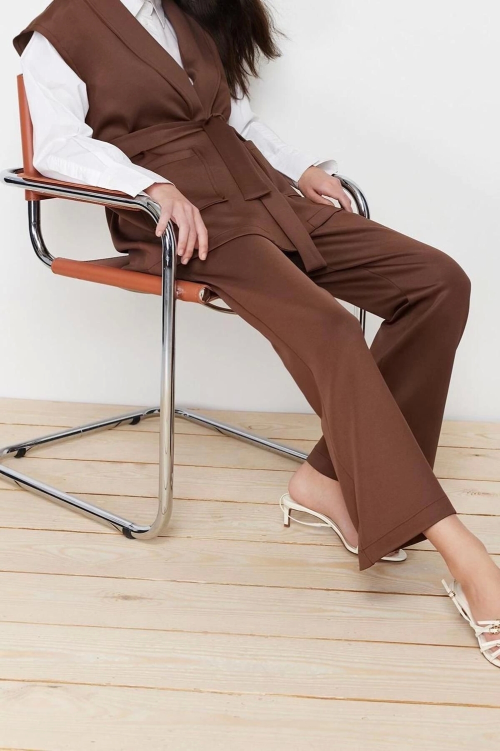 Moda Örme Düz Düşük Kol Casual Günlük Kuşaklı Scuba Örme Alt Üst Takım