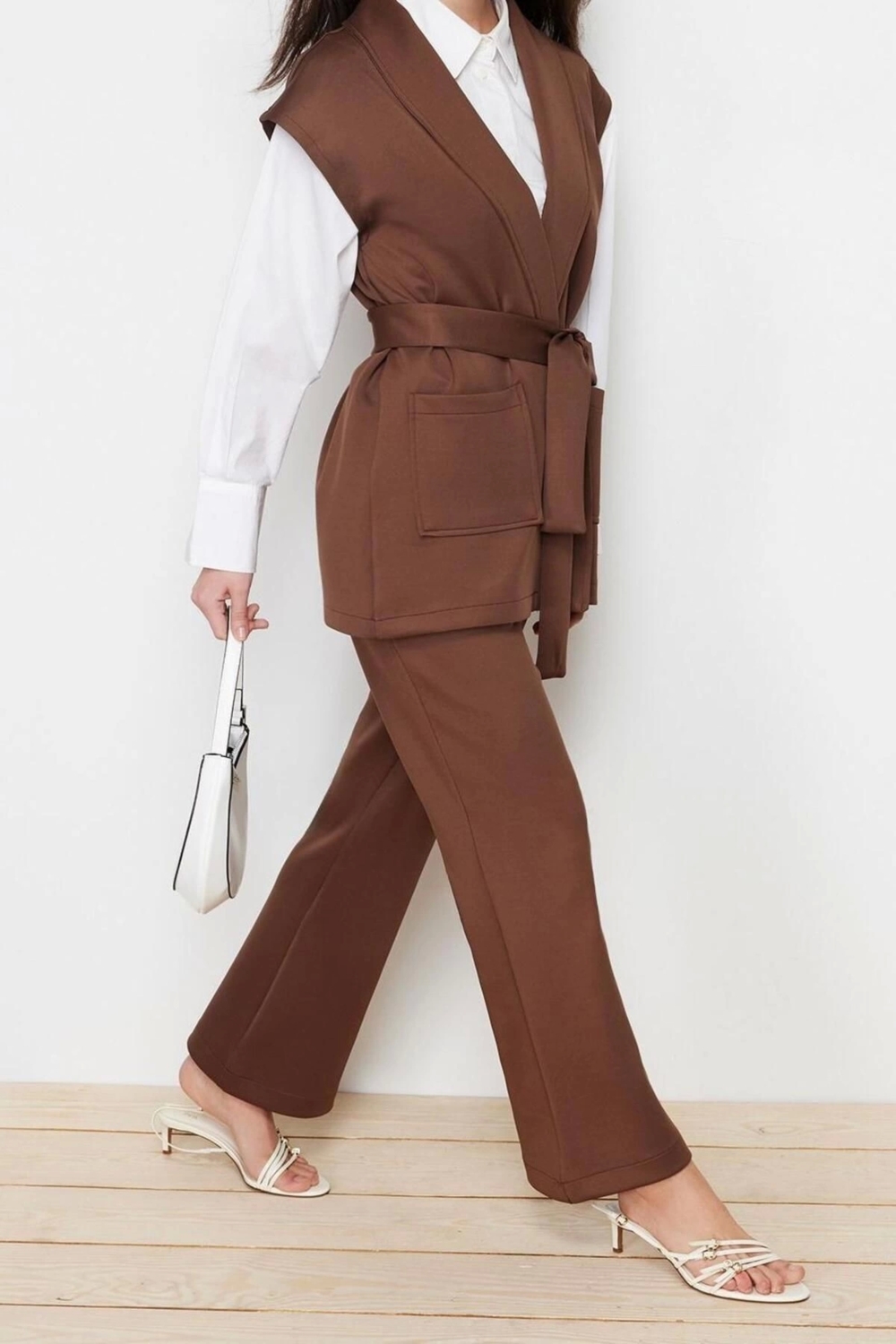 Moda Örme Düz Düşük Kol Casual Günlük Kuşaklı Scuba Örme Alt Üst Takım
