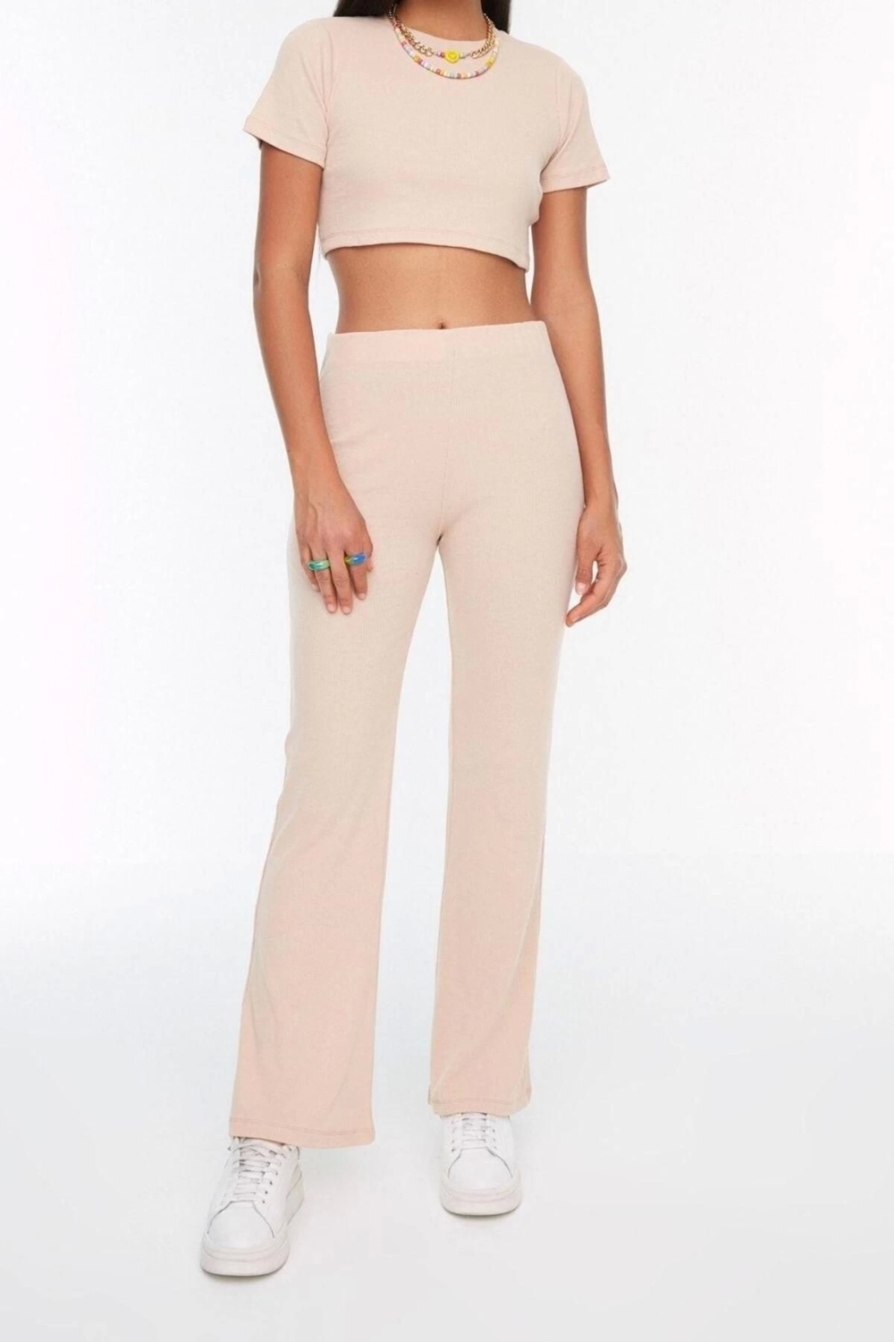 Moda Yüksek Bel Bisiklet Yaka Crop Bisiklet Yaka Fitilli Esnek Örme Bluz ve Pantolon Alt-Üst Takım