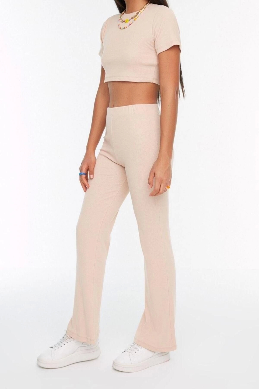 Moda Yüksek Bel Bisiklet Yaka Crop Bisiklet Yaka Fitilli Esnek Örme Bluz ve Pantolon Alt-Üst Takım