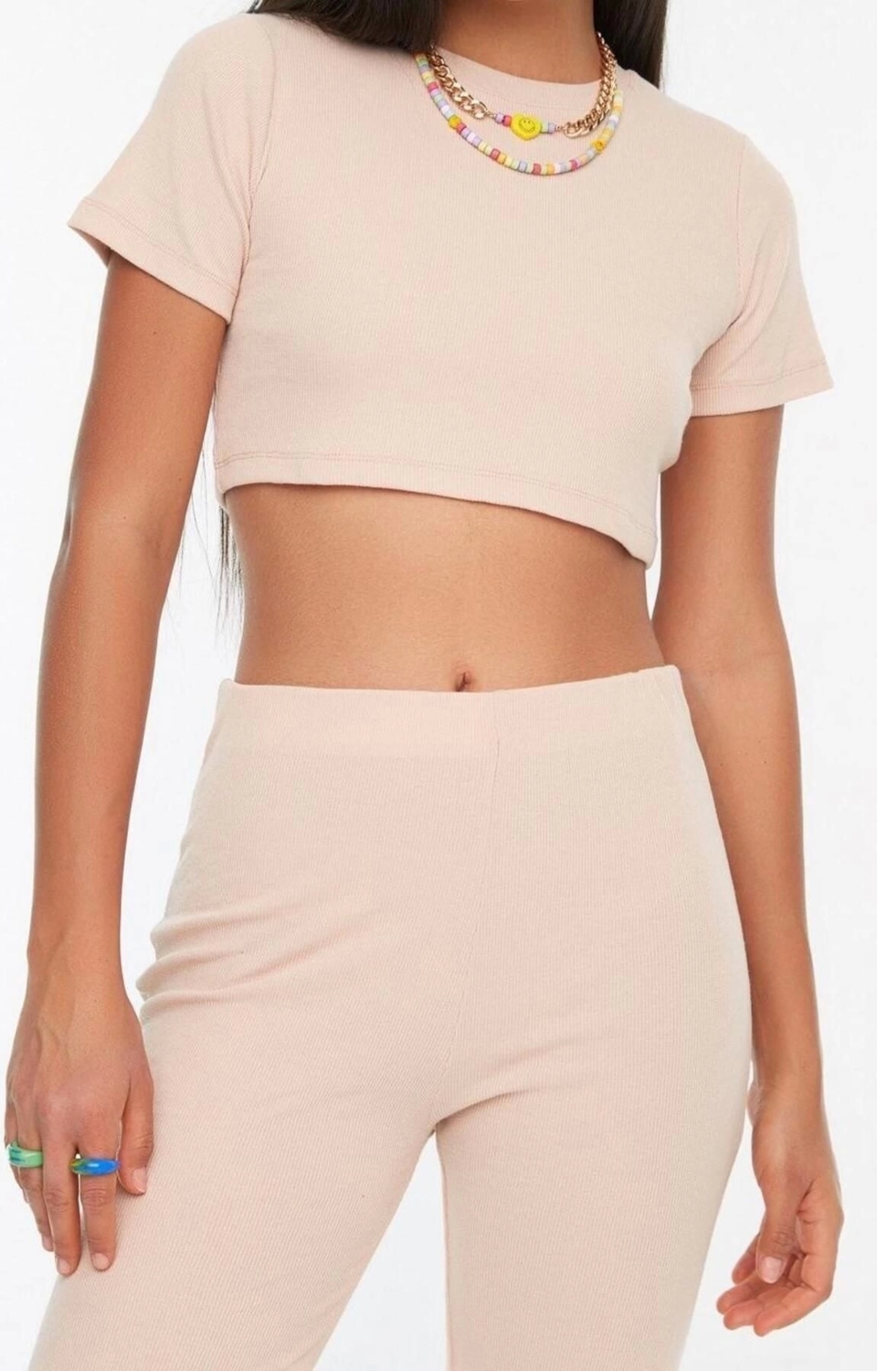 Moda Yüksek Bel Bisiklet Yaka Crop Bisiklet Yaka Fitilli Esnek Örme Bluz ve Pantolon Alt-Üst Takım