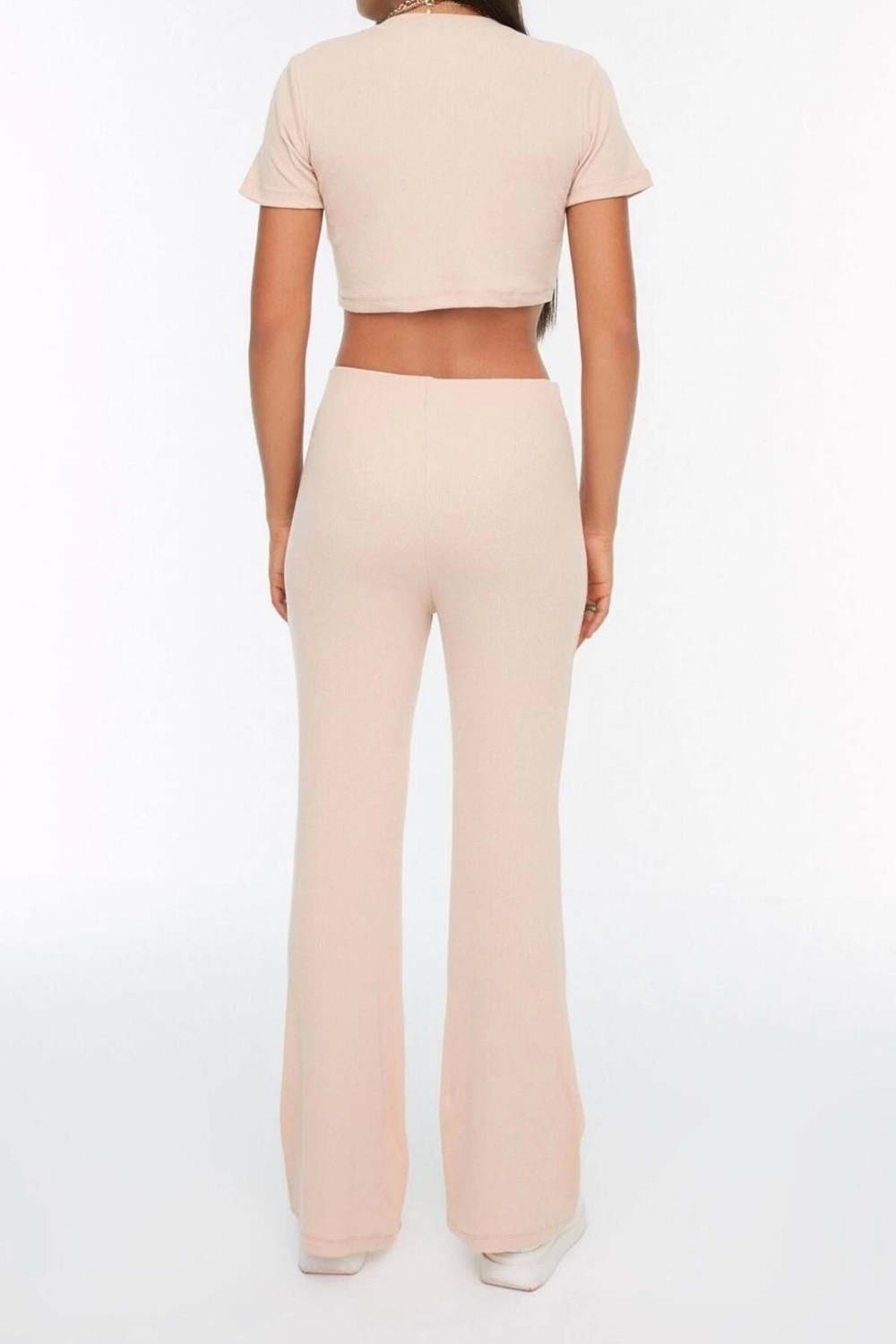Moda Yüksek Bel Bisiklet Yaka Crop Bisiklet Yaka Fitilli Esnek Örme Bluz ve Pantolon Alt-Üst Takım