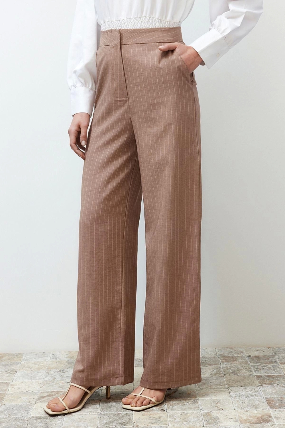 Moda Çizgili Ceket Yaka Resmi Vizon Çizgili Kumaş Yelek Pantolon Dokuma Alt Üst Takım