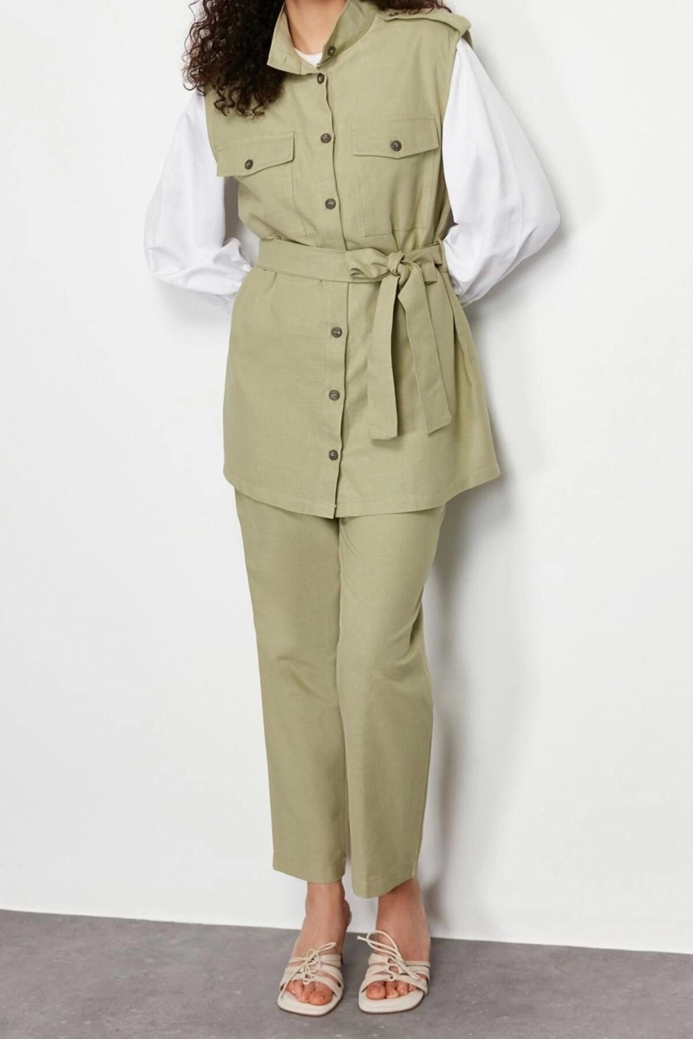 Moda Dik Yaka Düşük Kol Casual Günlük Safari Model Dokuma Gabardin Yelek Pantolon Alt Üst Takım