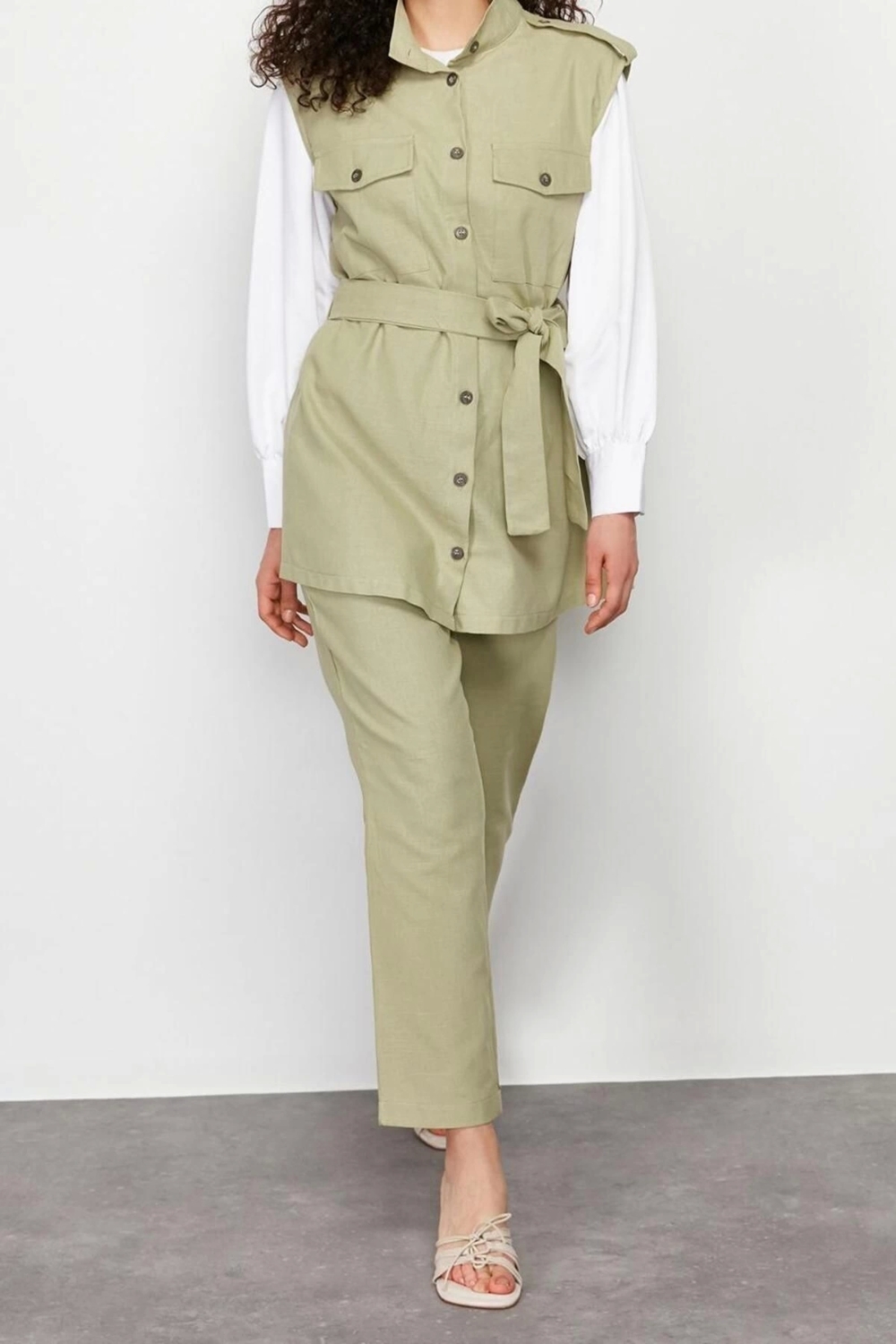 Moda Dik Yaka Düşük Kol Casual Günlük Safari Model Dokuma Gabardin Yelek Pantolon Alt Üst Takım