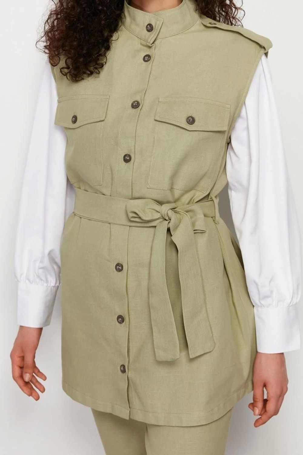 Moda Dik Yaka Düşük Kol Casual Günlük Safari Model Dokuma Gabardin Yelek Pantolon Alt Üst Takım