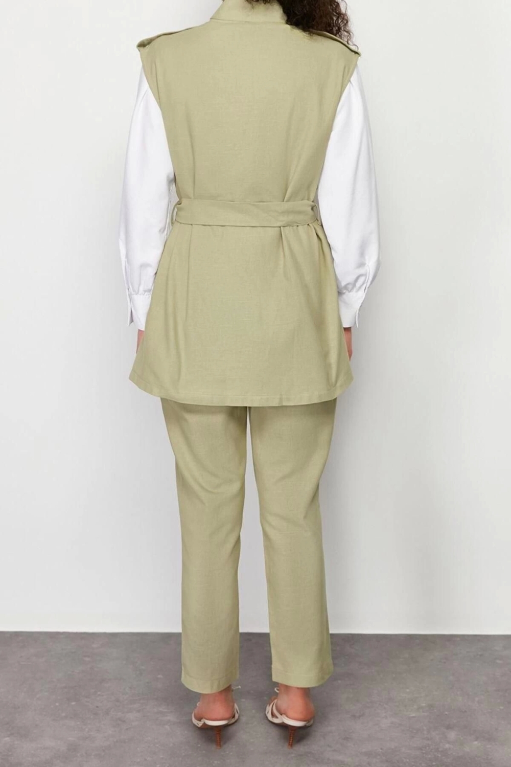 Moda Dik Yaka Düşük Kol Casual Günlük Safari Model Dokuma Gabardin Yelek Pantolon Alt Üst Takım