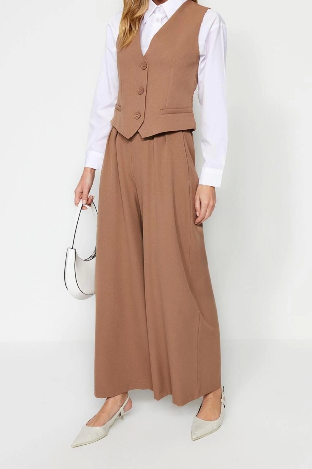 Moda Dokuma Düz V Yaka Casual Günlük Yelek-Pantolon Dokuma Alt-Üst Takım