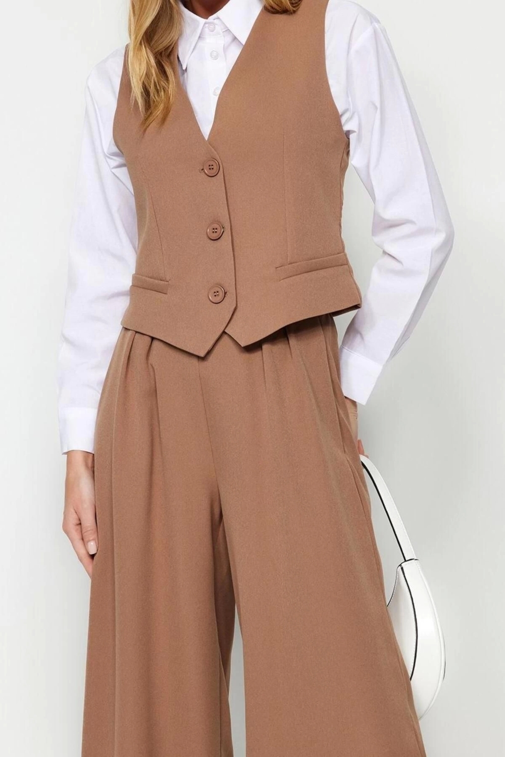 Moda Dokuma Düz V Yaka Casual Günlük Yelek-Pantolon Dokuma Alt-Üst Takım