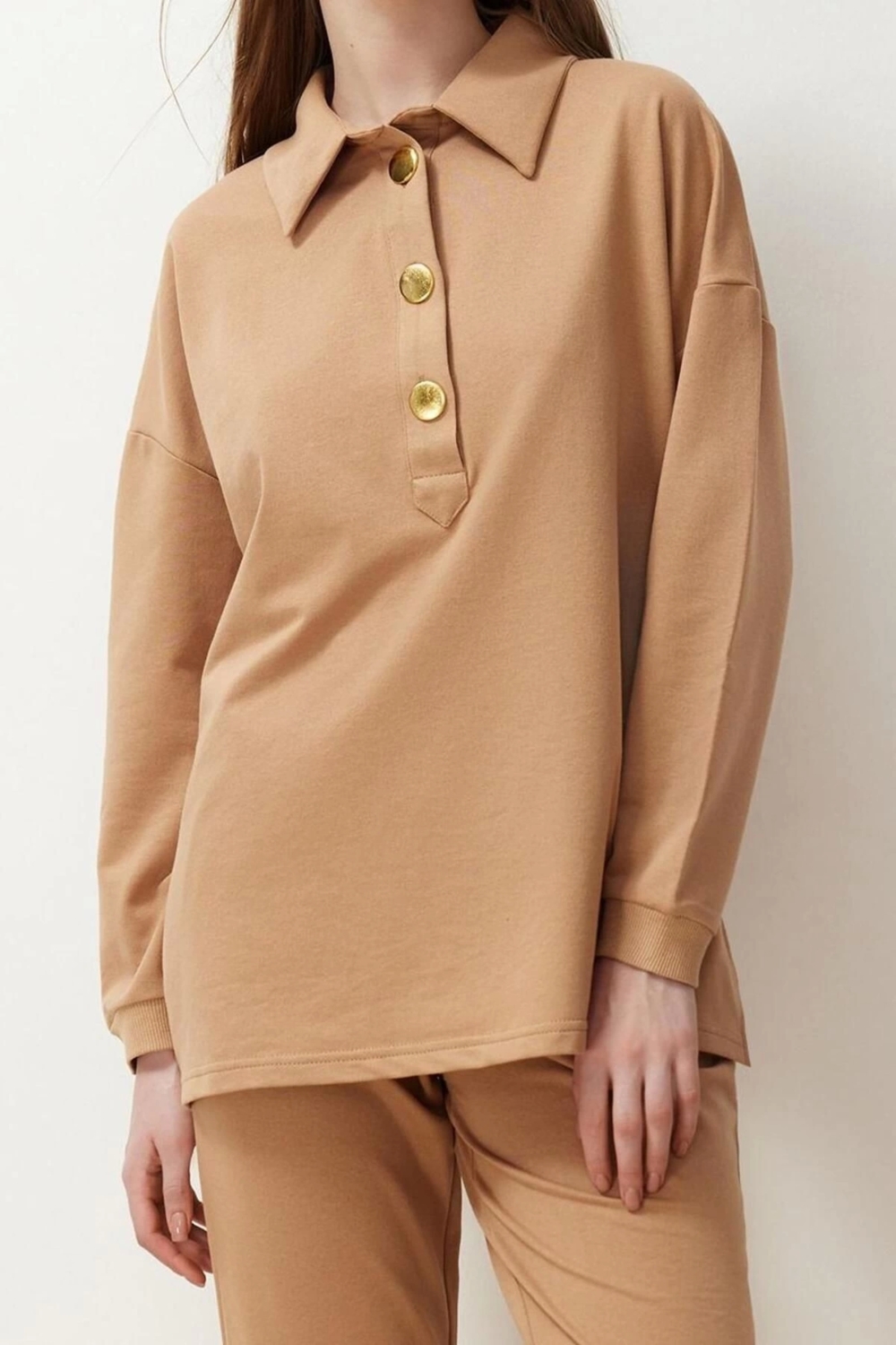 Moda Örme Düz Reglan Kol Casual Günlük Polo Yaka Gold Düğme Detaylı Örme Alt-Üst Takım