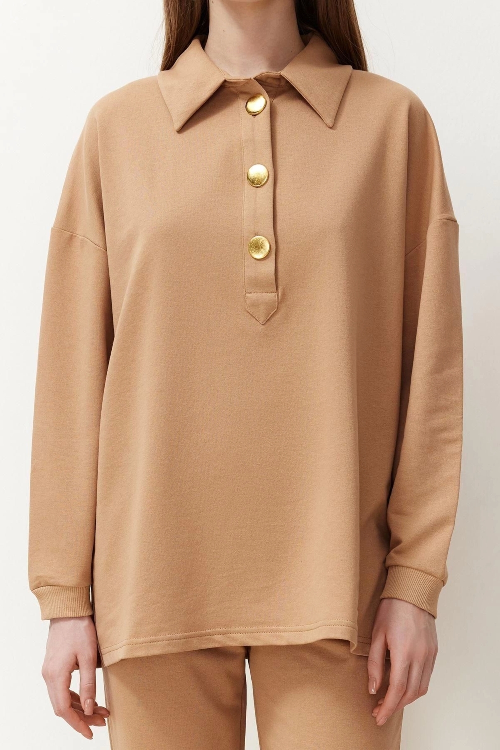 Moda Örme Düz Reglan Kol Casual Günlük Polo Yaka Gold Düğme Detaylı Örme Alt-Üst Takım