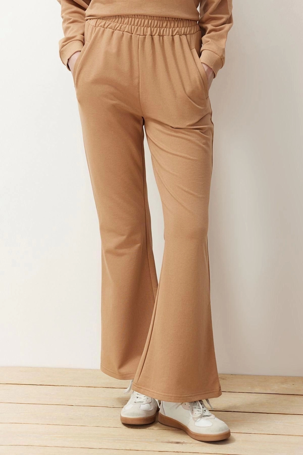 Moda Örme Düz Reglan Kol Casual Günlük Polo Yaka Gold Düğme Detaylı Örme Alt-Üst Takım