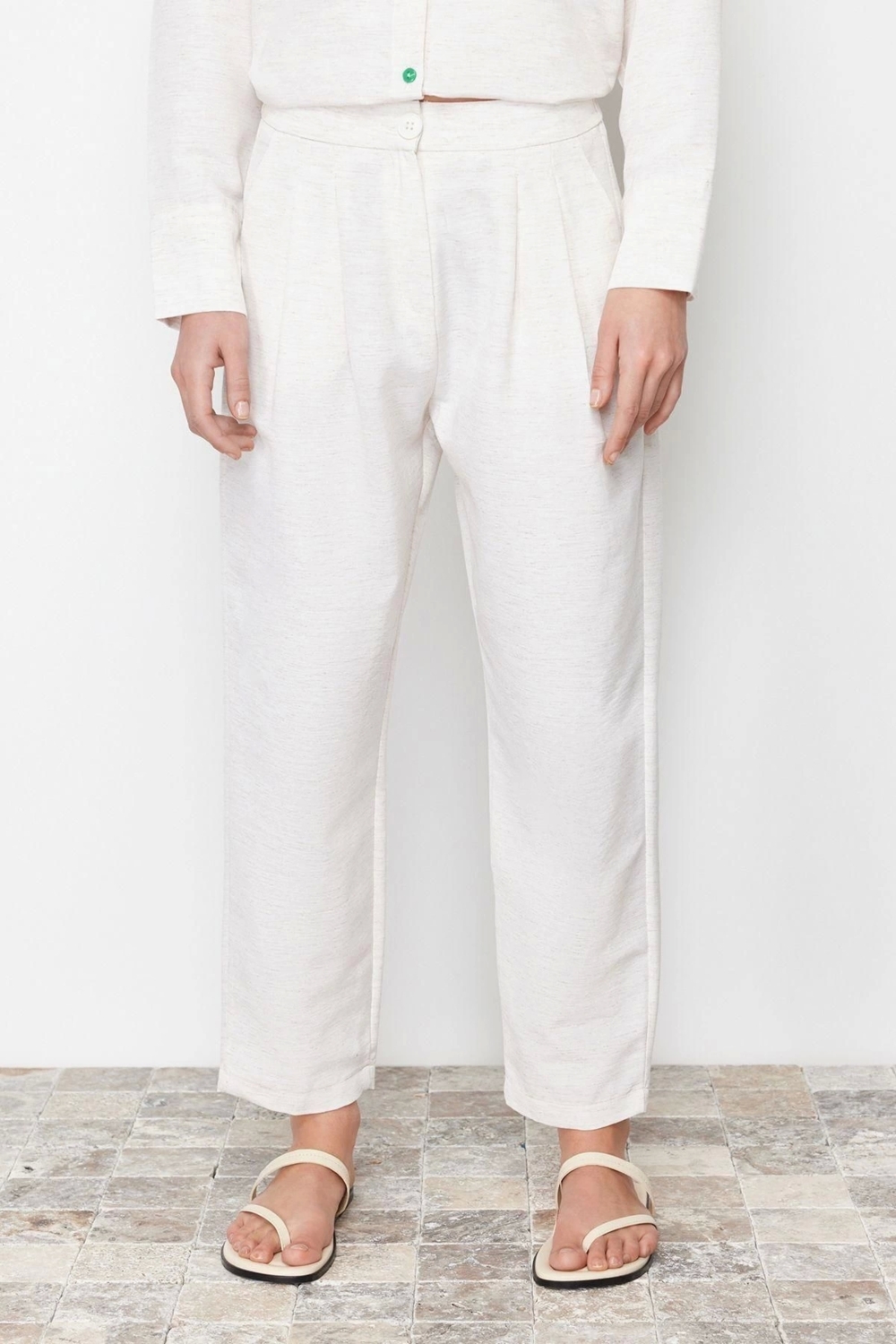 Moda Gömlek Yaka Düşük Kol Casual Günlük Keten Görünümlü Gömlek Pantolon Dokuma Alt Üst Takım