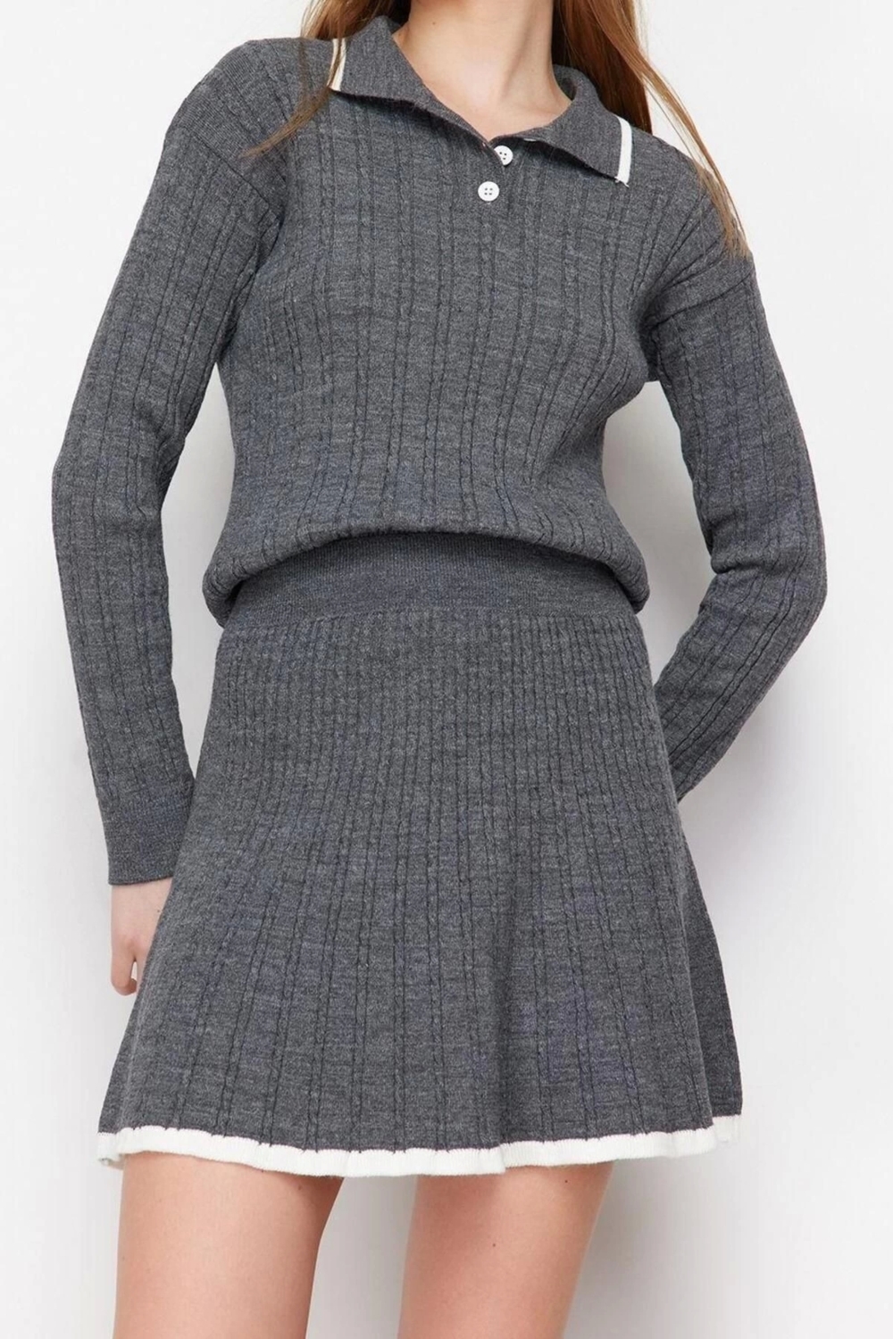 Moda Triko Düz Polo Yaka Casual Günlük Siyah Kazak Etek Triko Alt-Üst Takım