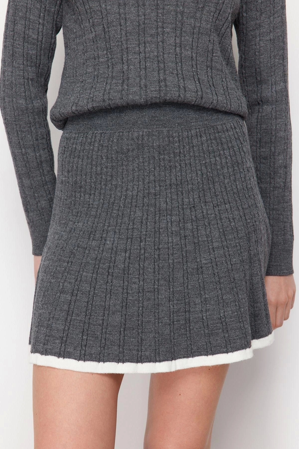 Moda Triko Düz Polo Yaka Casual Günlük Siyah Kazak Etek Triko Alt-Üst Takım