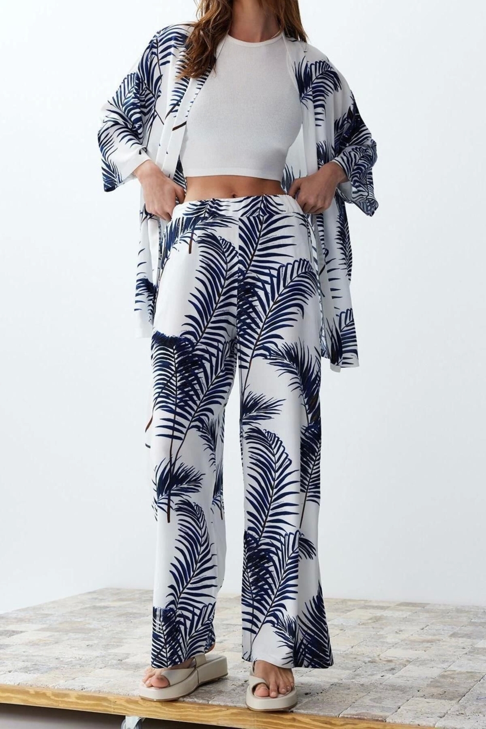 Moda Dokuma Baskılı Degaje Yaka Casual Günlük Siyah Desenli Kimono Pantolon Dokuma Alt-Üst Takım