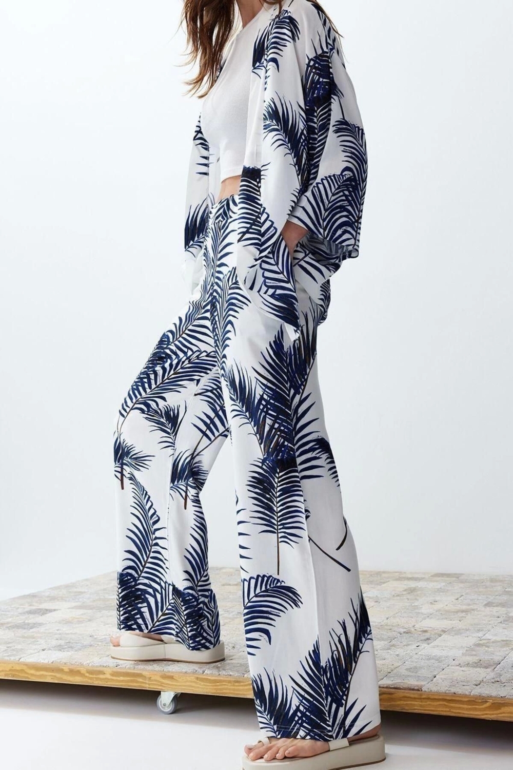Moda Dokuma Baskılı Degaje Yaka Casual Günlük Siyah Desenli Kimono Pantolon Dokuma Alt-Üst Takım