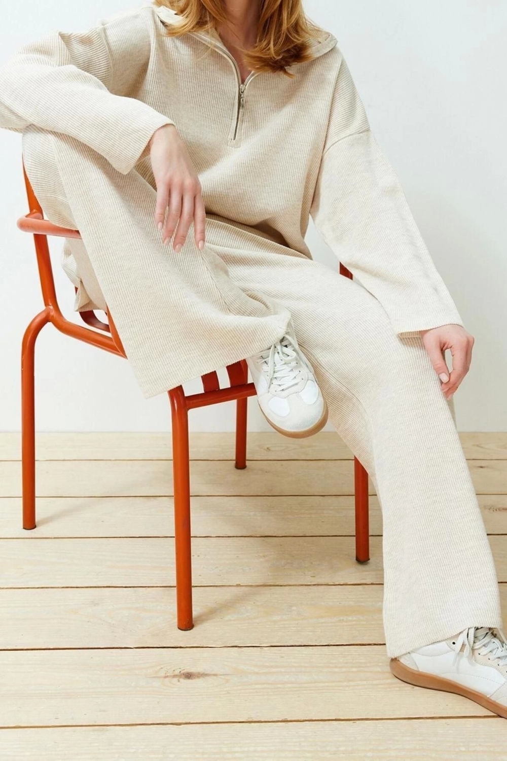 Moda Düz Dik Yaka Casual Günlük Ekru Rahat Kesim Dik Yaka Basic Triko Alt-Üst Takım