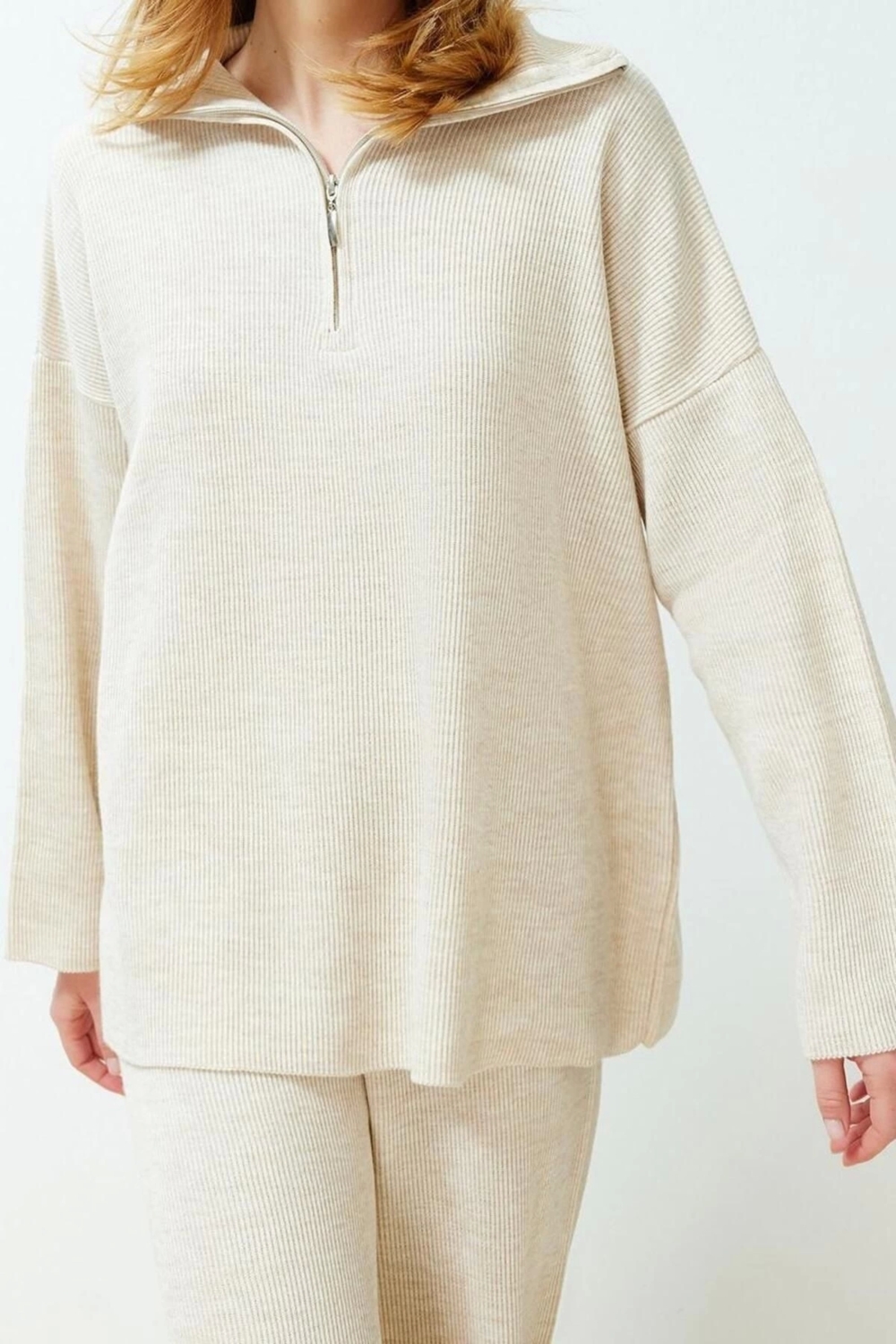 Moda Düz Dik Yaka Casual Günlük Ekru Rahat Kesim Dik Yaka Basic Triko Alt-Üst Takım
