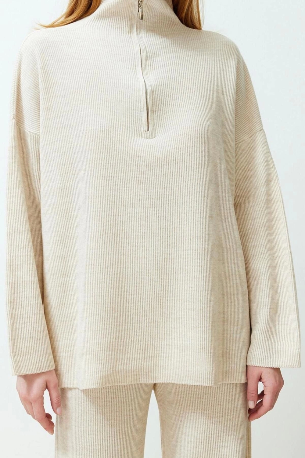 Moda Düz Dik Yaka Casual Günlük Ekru Rahat Kesim Dik Yaka Basic Triko Alt-Üst Takım