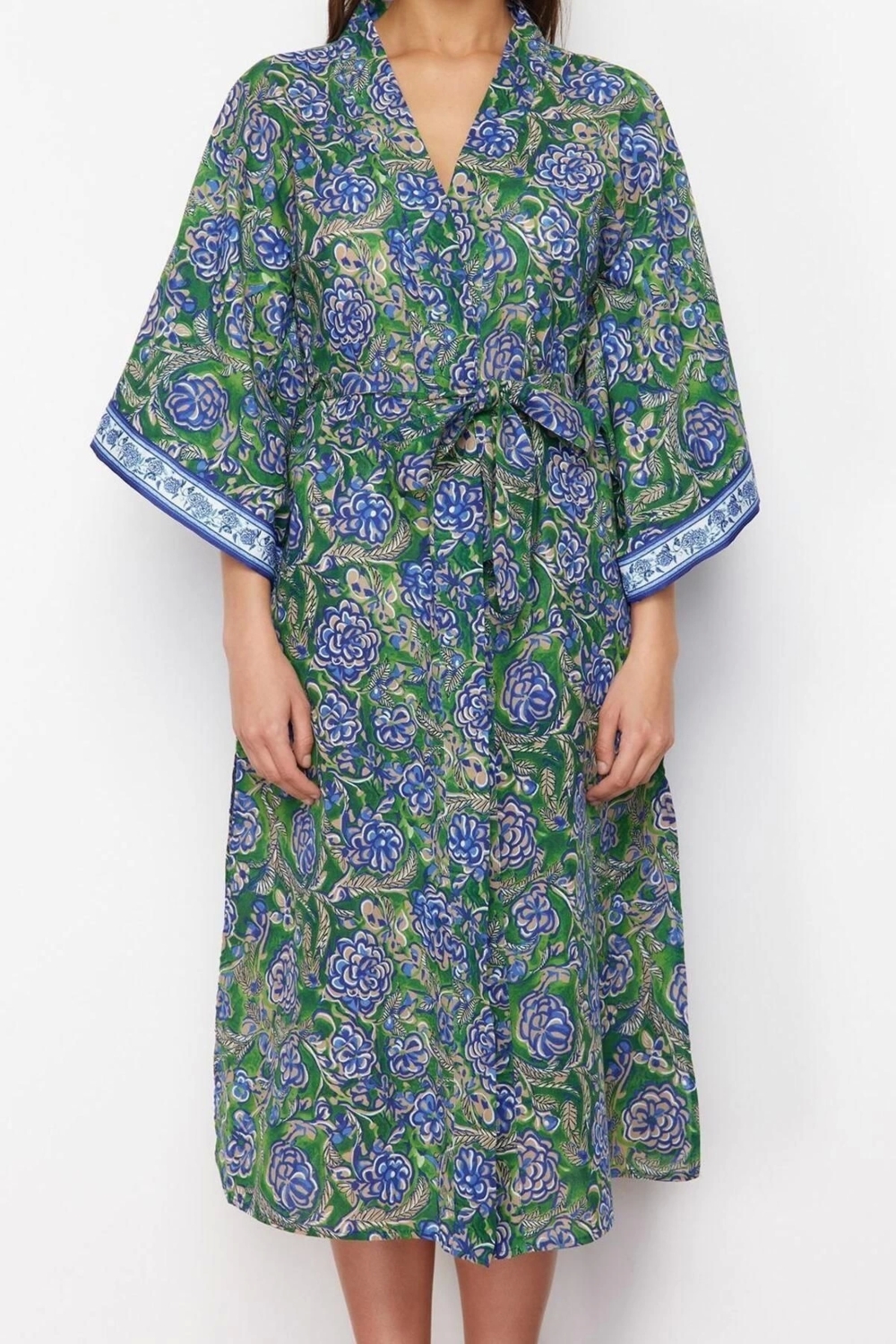 Moda Dokuma Oversize Kalıp Uzun Kruvaze Ay Kol Vual Basic Çiçekli Desen Kimono Kaftan