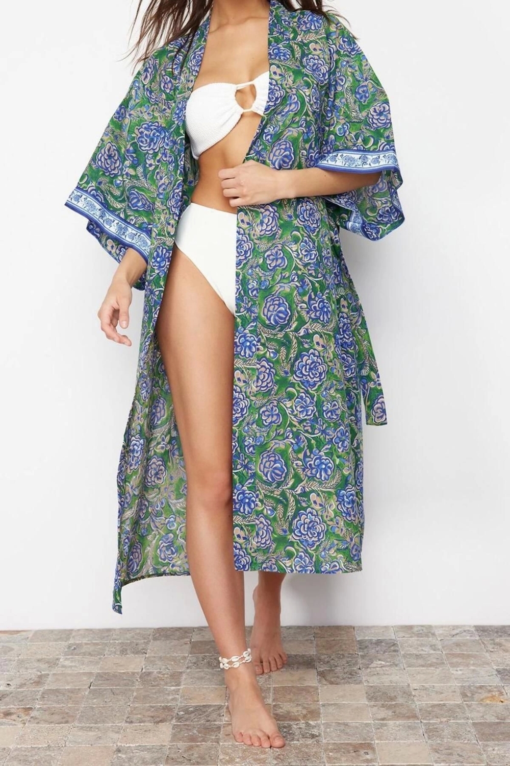 Moda Dokuma Oversize Kalıp Uzun Kruvaze Ay Kol Vual Basic Çiçekli Desen Kimono Kaftan