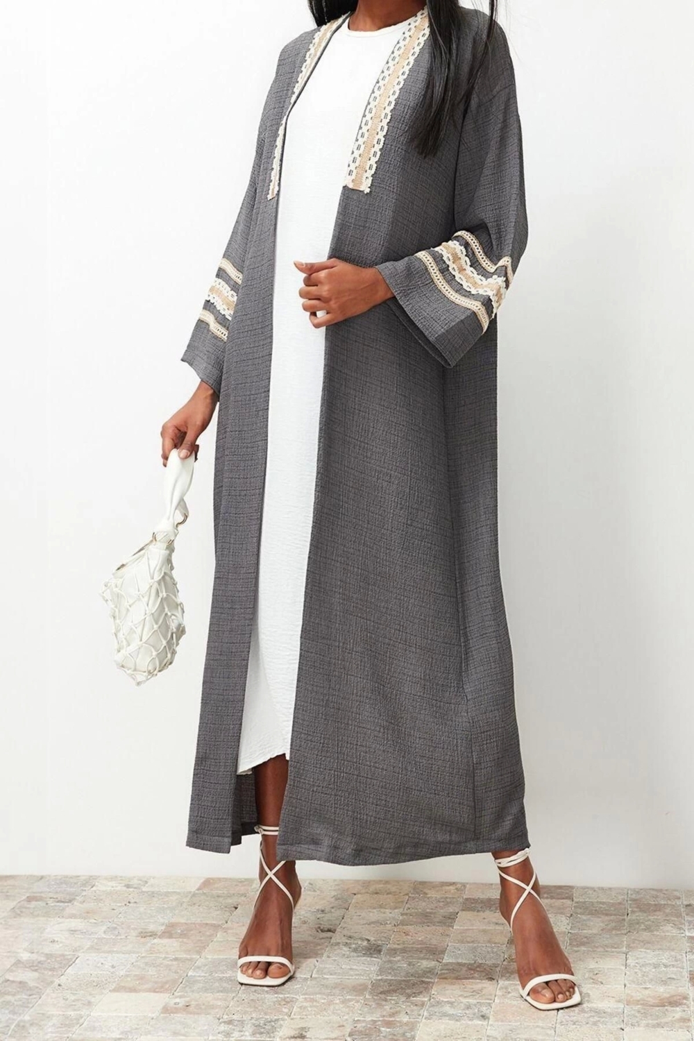 Moda Dokuma Rahat Kalıp Uzun V Yaka Düşük Kol Crinkle Basic Renk Bloklu Tesettür Giyim Kimono Kaftan