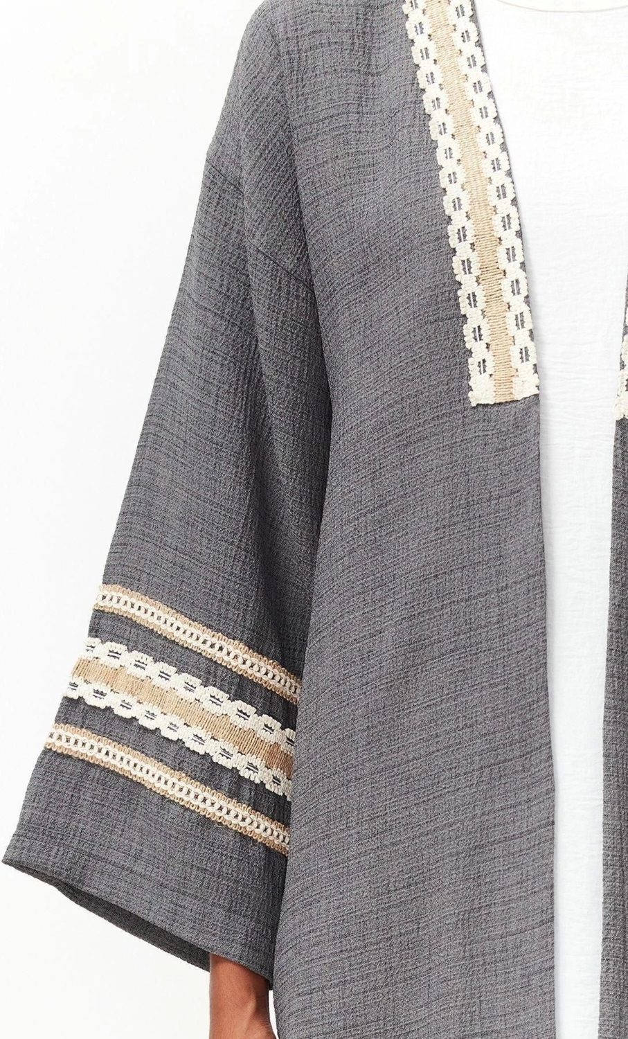 Moda Dokuma Rahat Kalıp Uzun V Yaka Düşük Kol Crinkle Basic Renk Bloklu Tesettür Giyim Kimono Kaftan