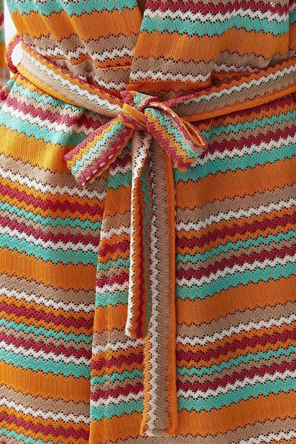 Moda Örme Regular Kalıp Mini V Yaka Standart Kol Dokulu Basic Geometrik Desen Kimono Kaftan