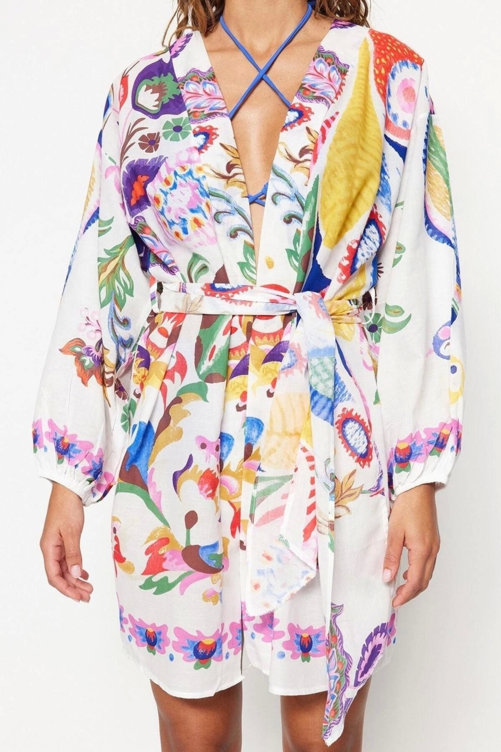 Moda Dokuma Regular Kalıp Uzun V Yaka Balon Kol Vual Basic Etnik Desen Kimono Kaftan