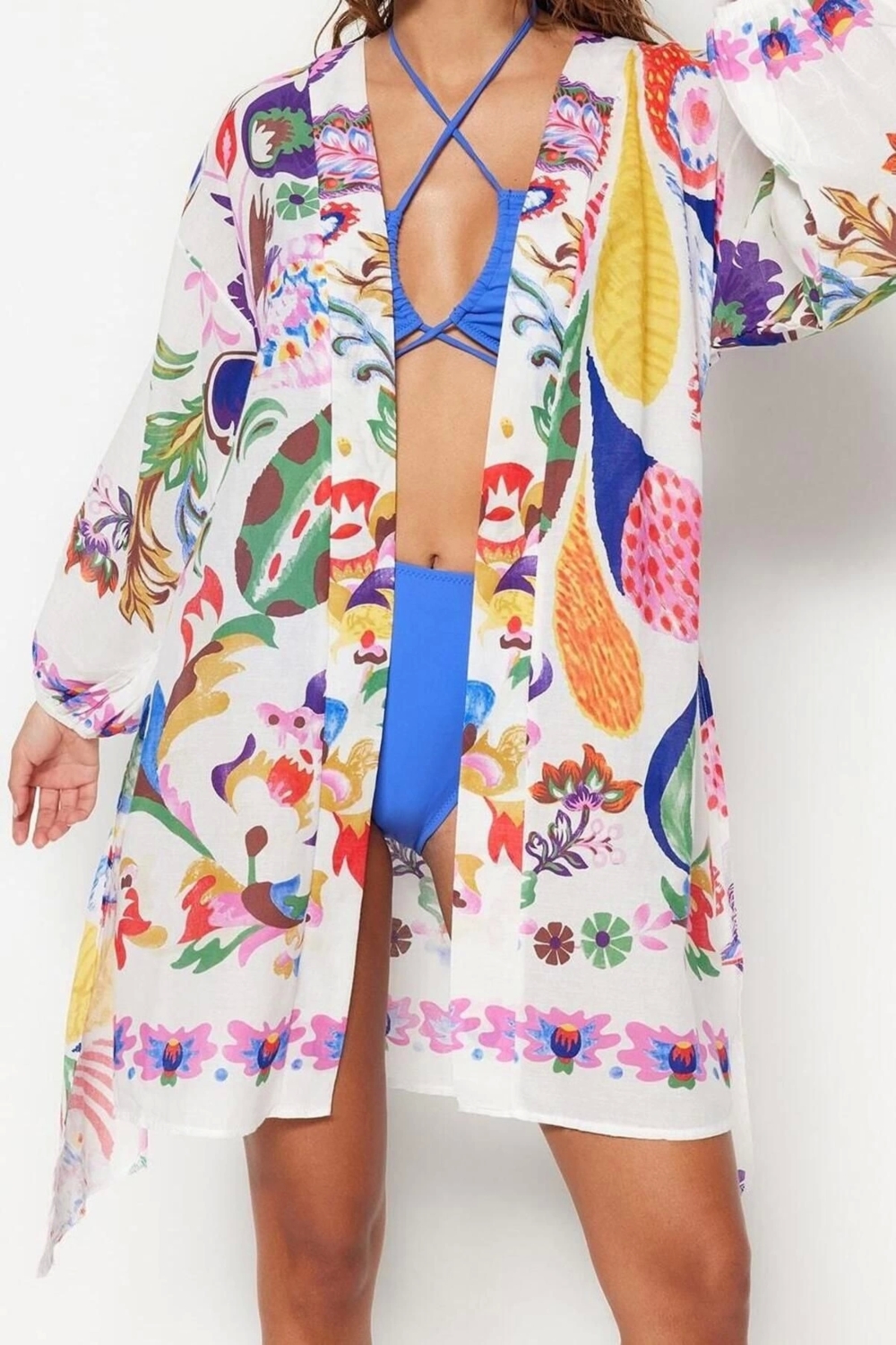 Moda Dokuma Regular Kalıp Uzun V Yaka Balon Kol Vual Basic Etnik Desen Kimono Kaftan